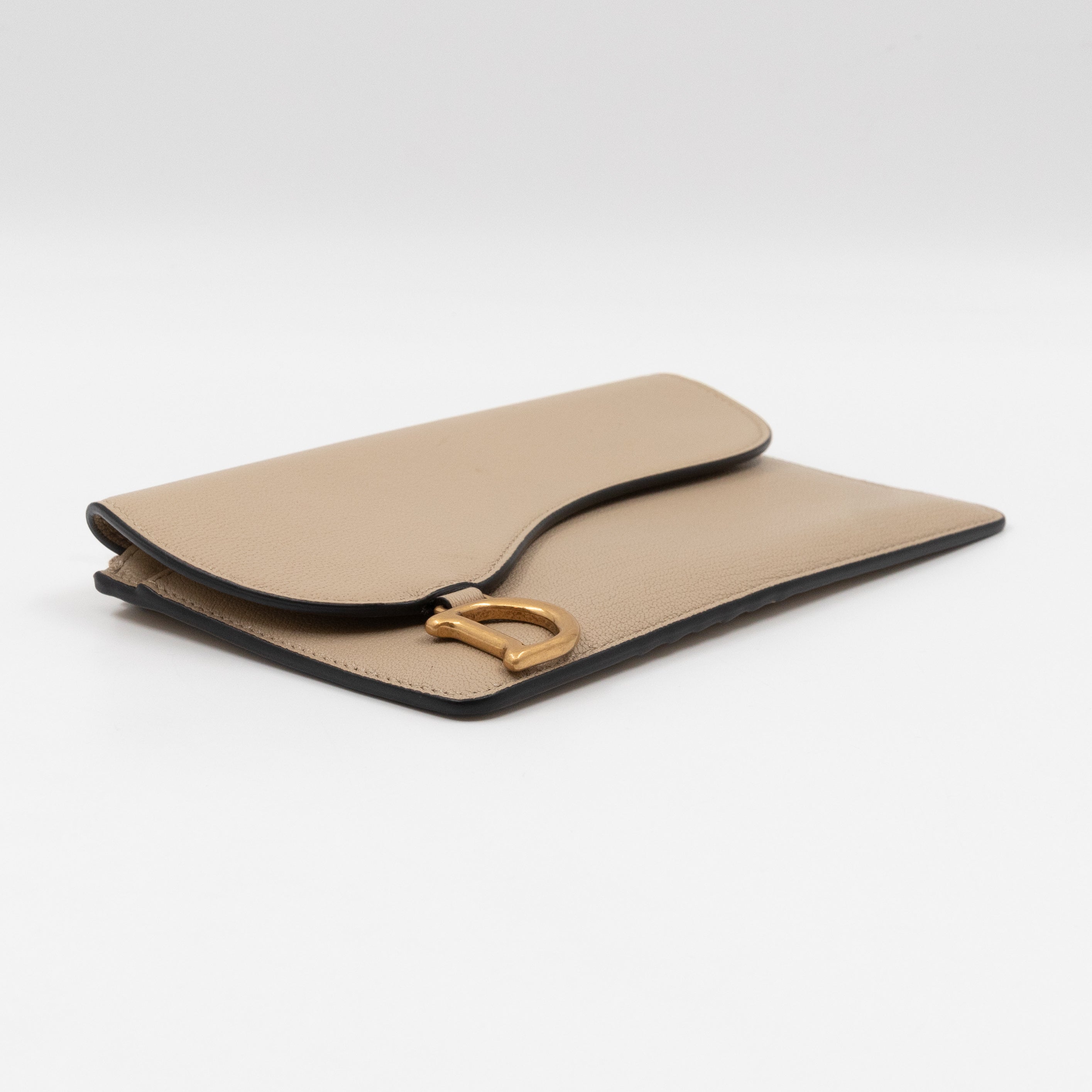 Large Saddle Flap Zipped Wallet Beige Leather