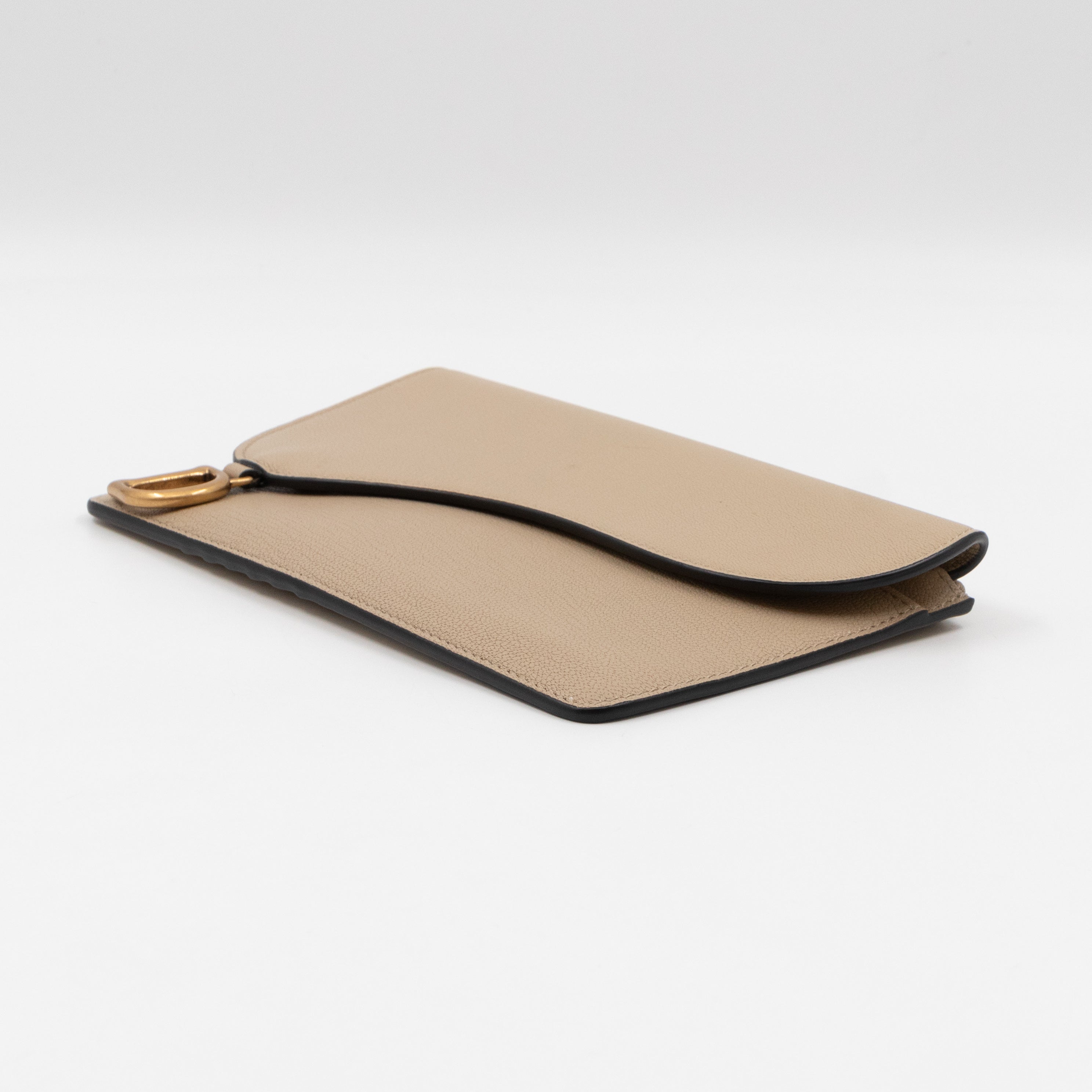 Large Saddle Flap Zipped Wallet Beige Leather