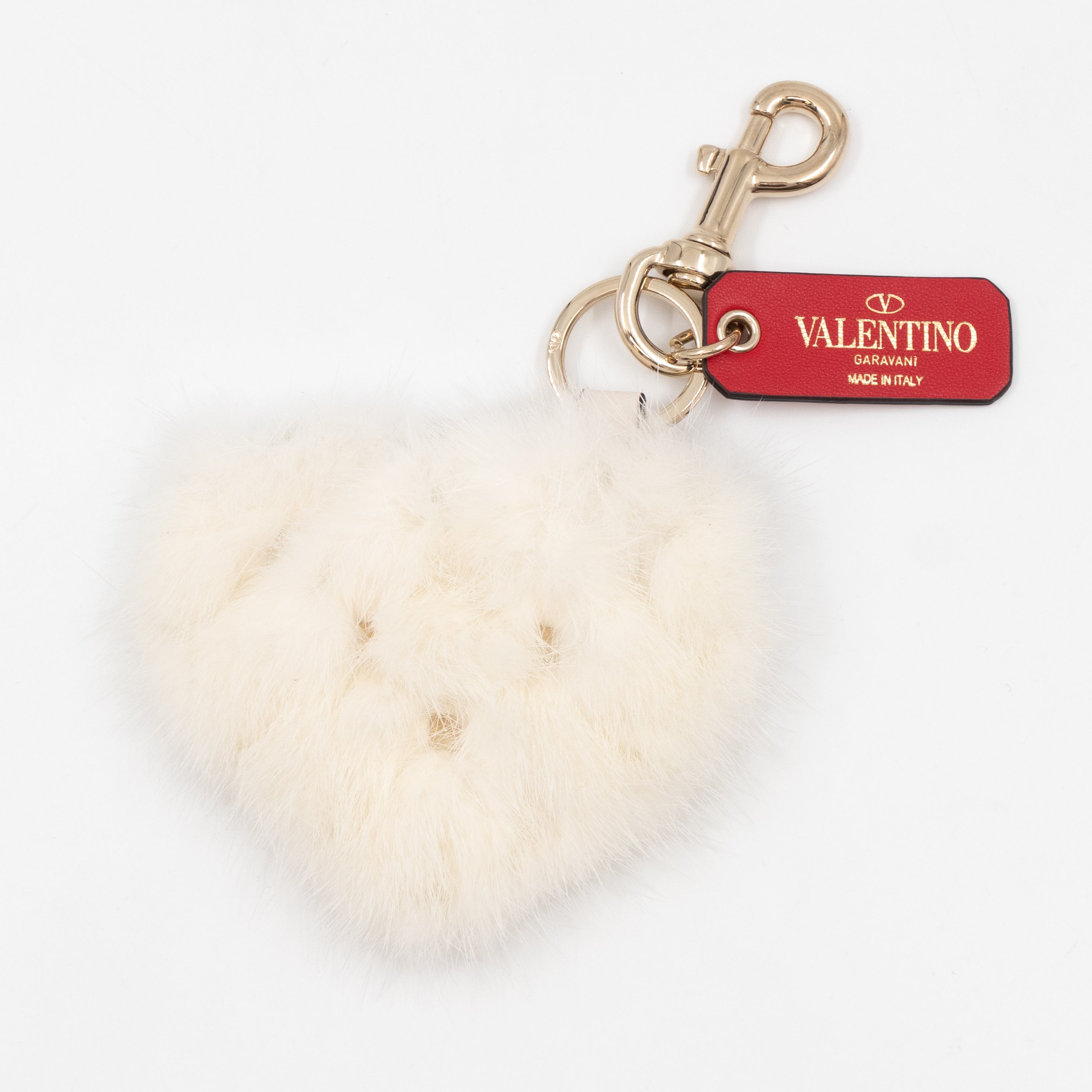 Rockstud Heart Bag Charm with Tags Leather and Fur White
