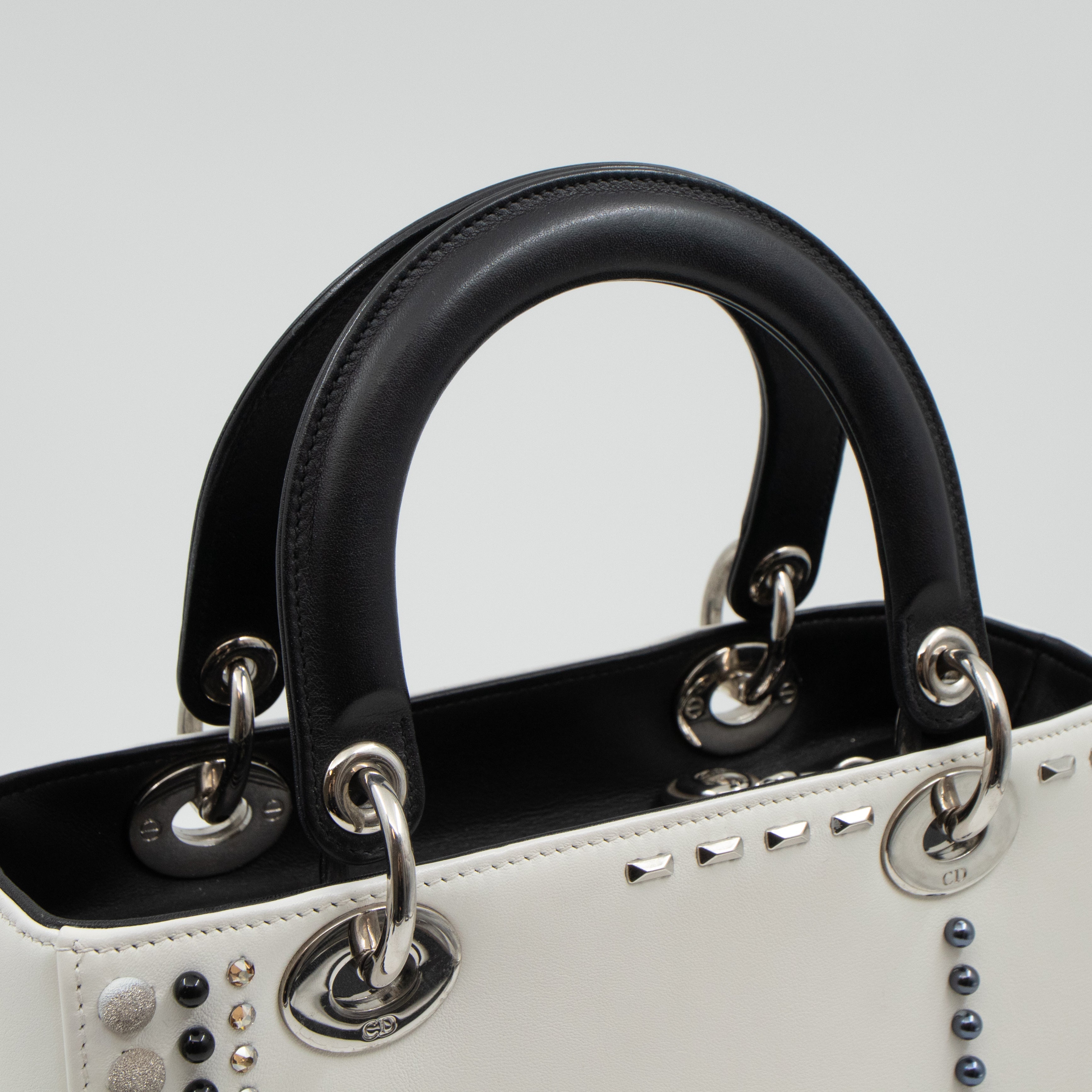 Lady Dior Medium Crystal Pearl Studded White Black Lambskin