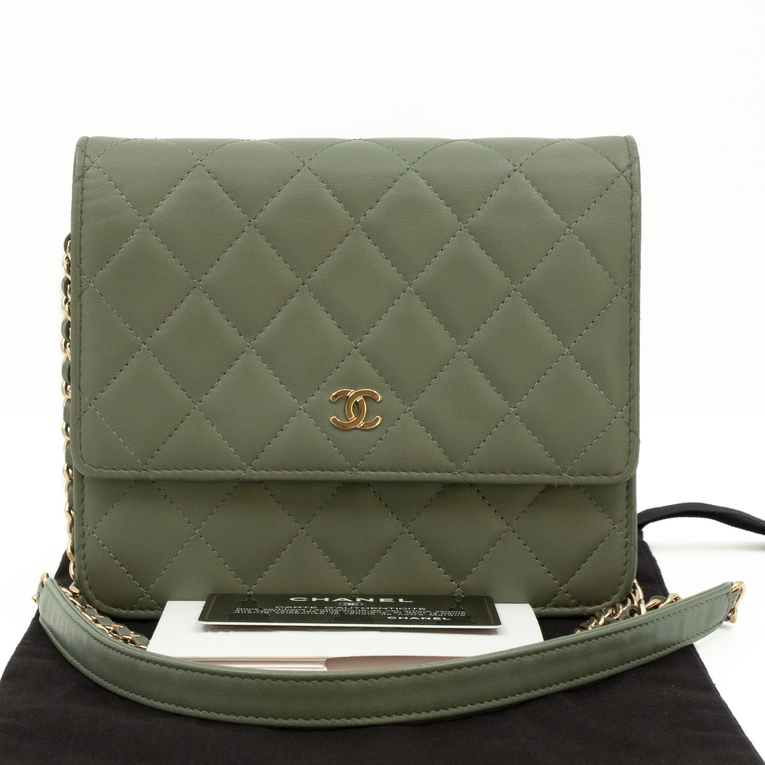 Square Wallet on Chain Green Lambskin Leather