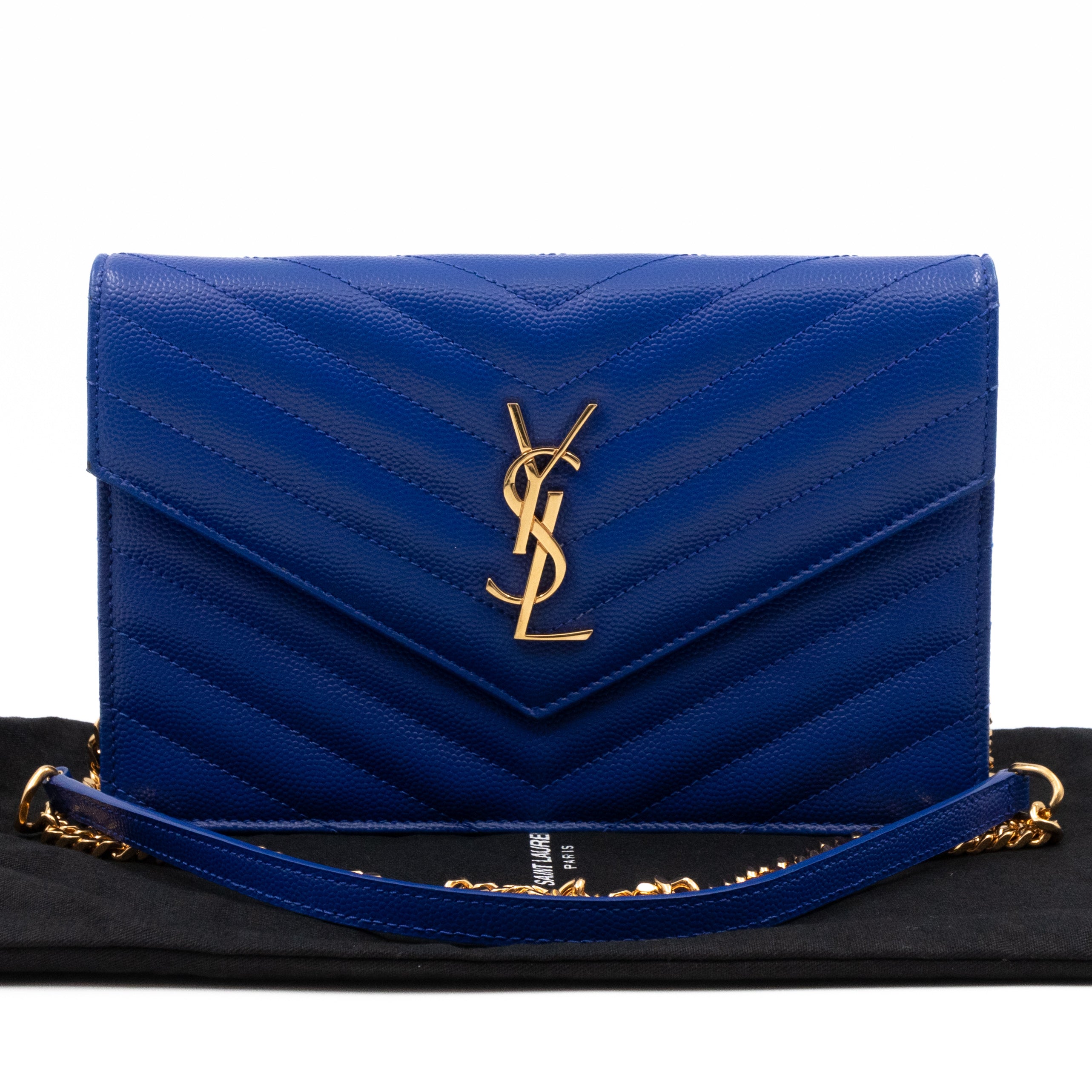 Saint Laurent YSL Cassandre Envelope Chain Wallet Blue Grained