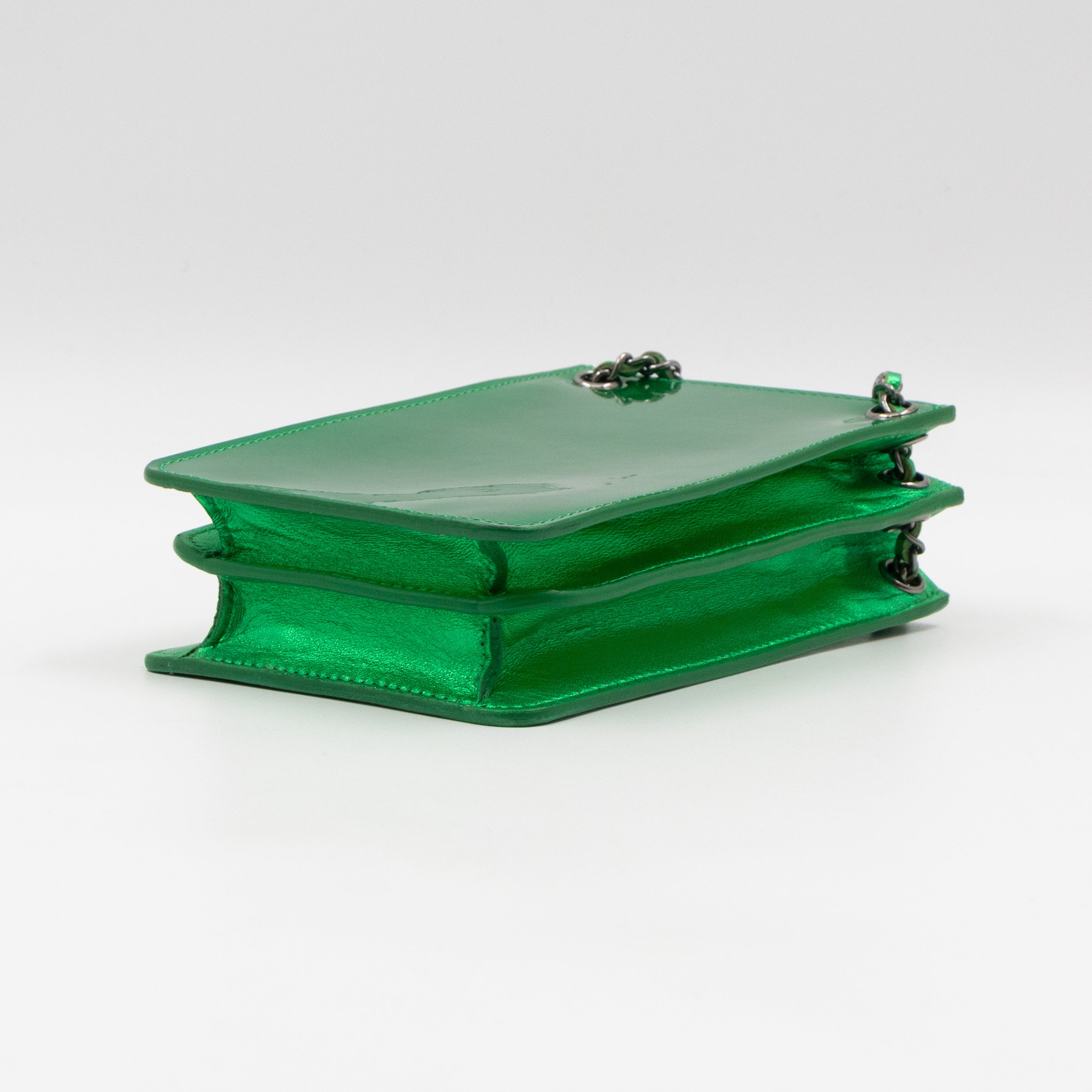 CC Phone Holder Crossbody Bag Green Metallic Patent Leather