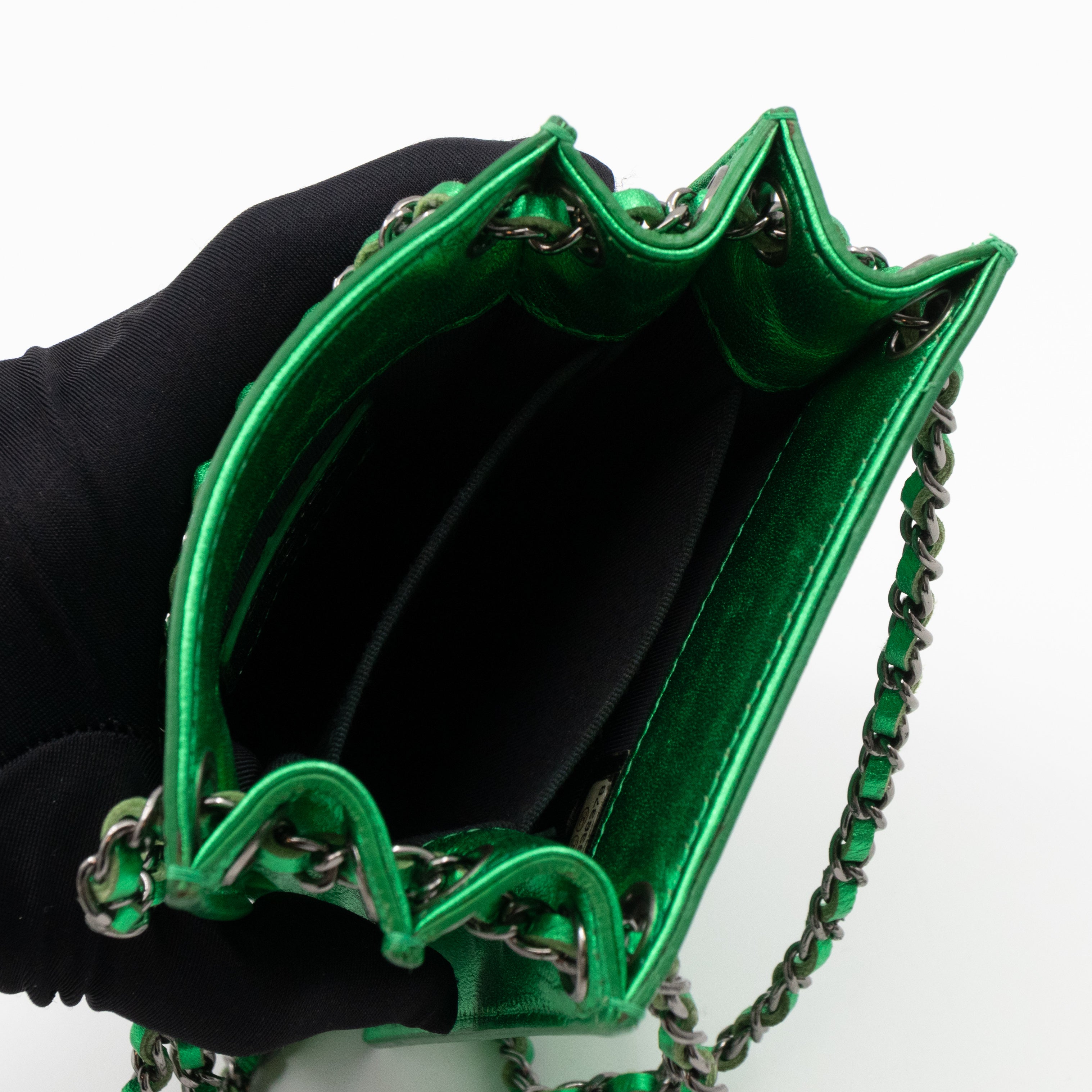 CC Phone Holder Crossbody Bag Green Metallic Patent Leather
