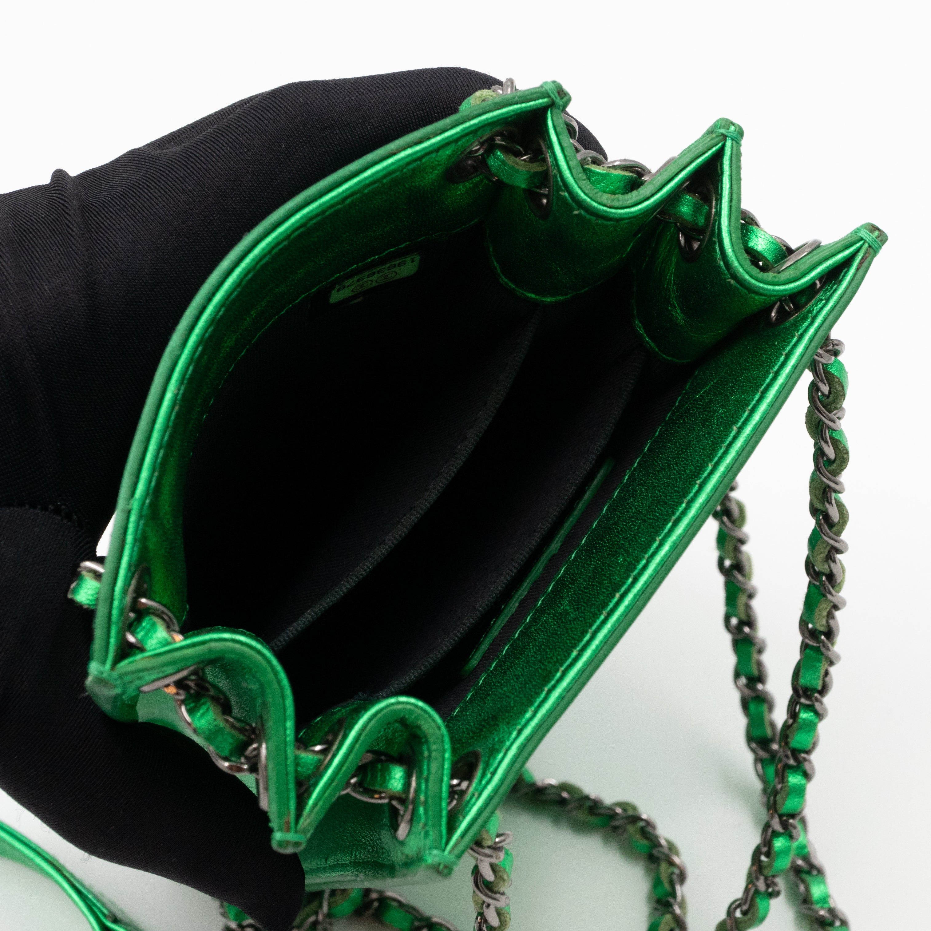 CC Phone Holder Crossbody Bag Green Metallic Patent Leather
