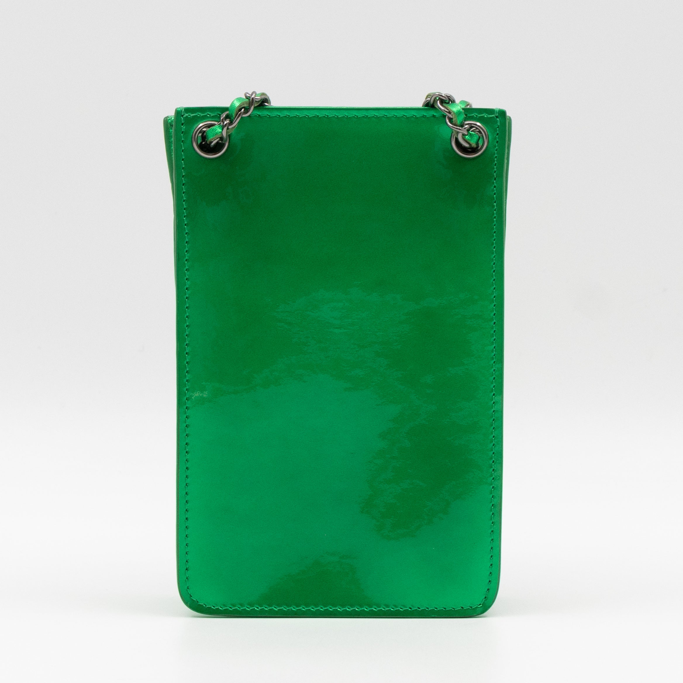 CC Phone Holder Crossbody Bag Green Metallic Patent Leather
