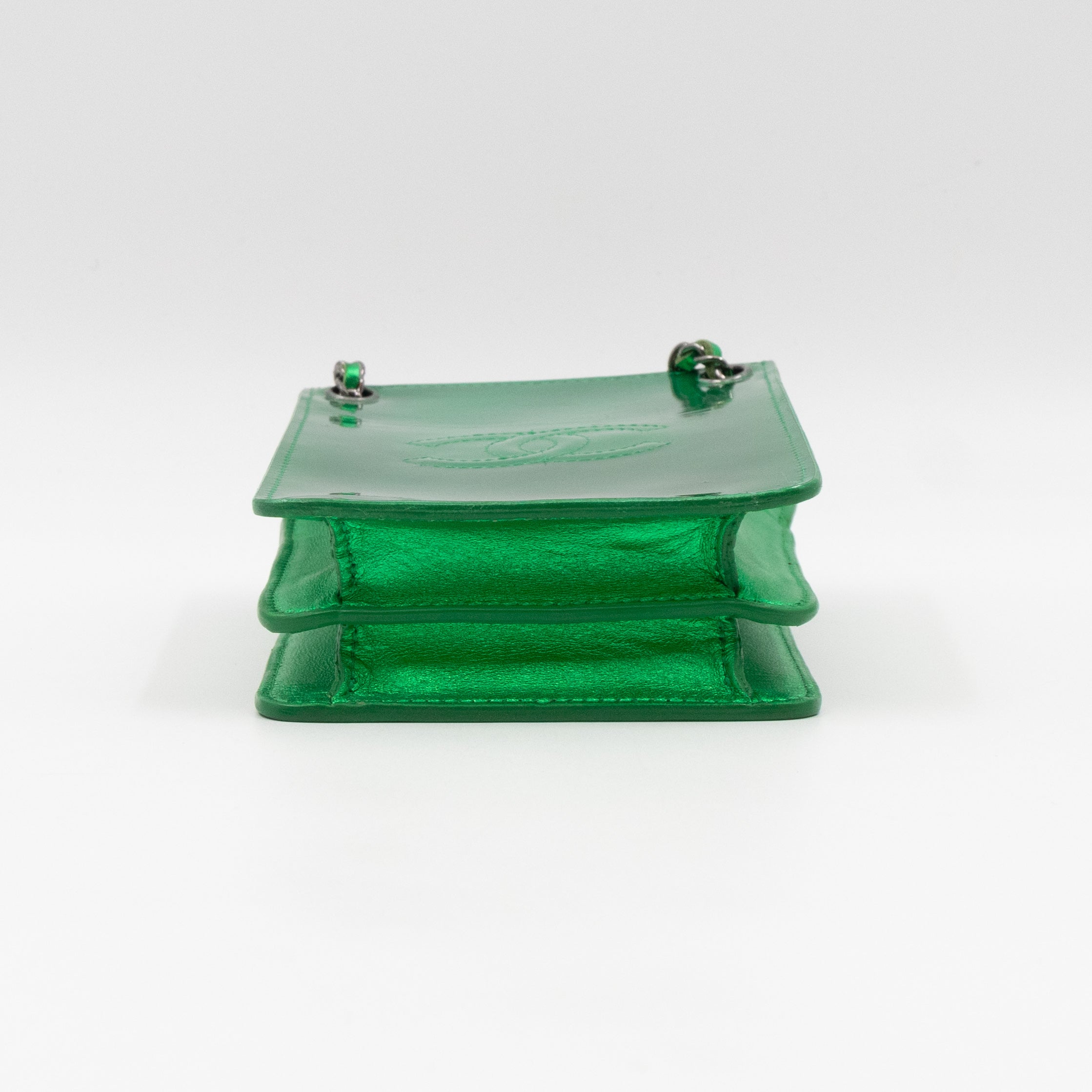 CC Phone Holder Crossbody Bag Green Metallic Patent Leather