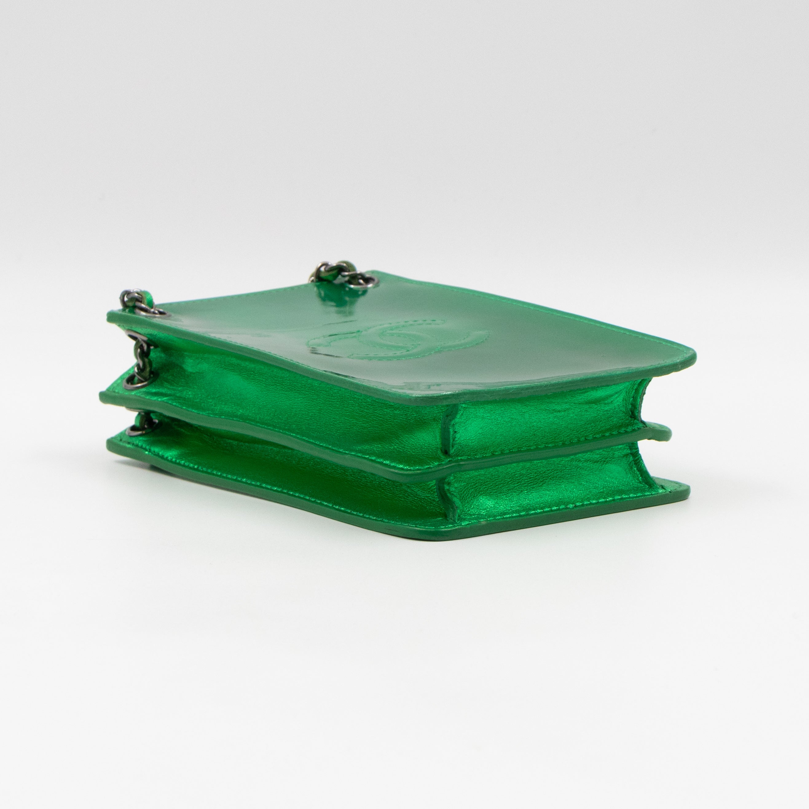 CC Phone Holder Crossbody Bag Green Metallic Patent Leather