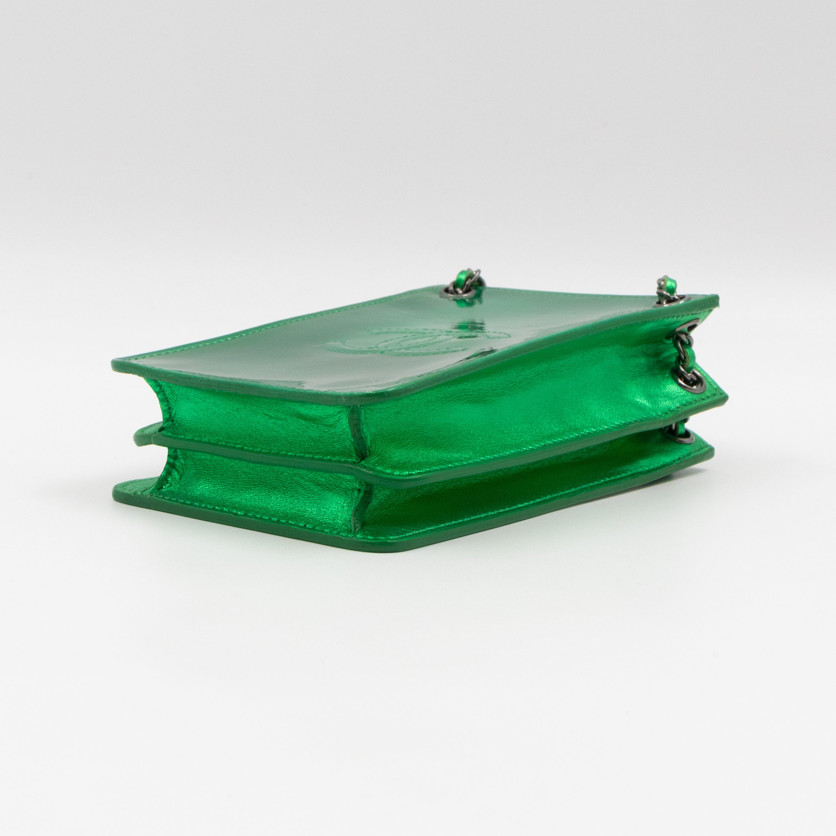 CC Phone Holder Crossbody Bag Green Metallic Patent Leather