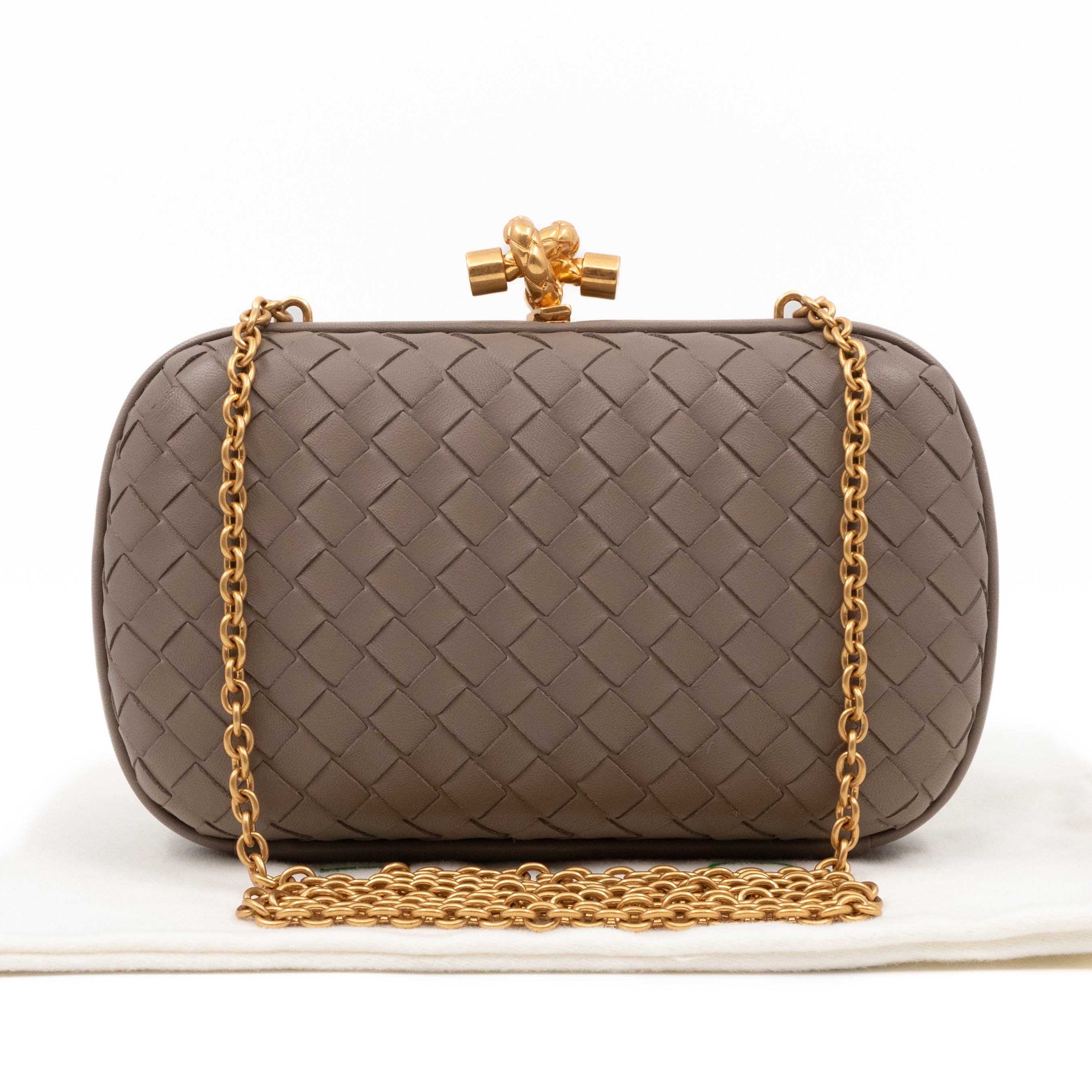 Knot Clutch with Chain Intrecciato Greige Leather