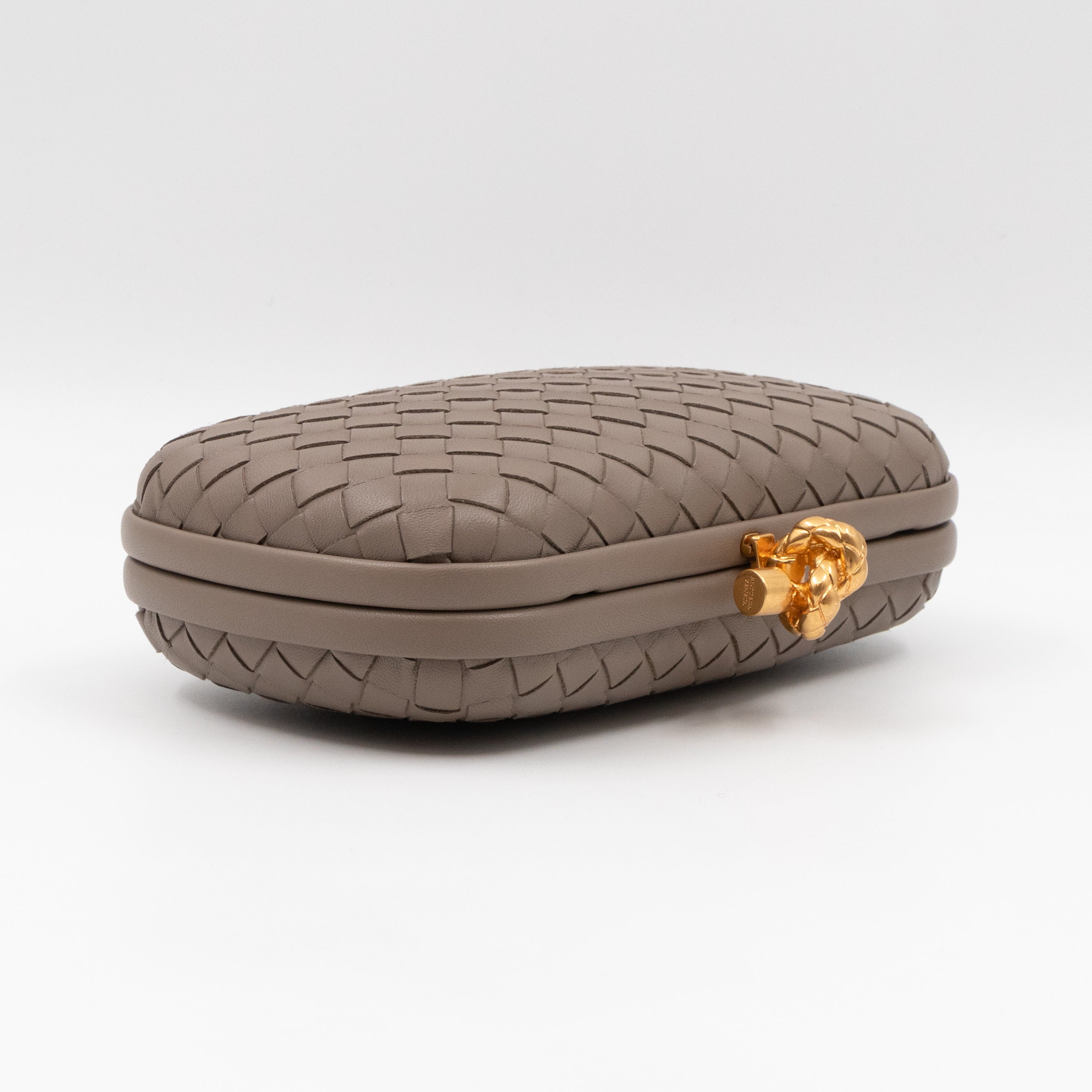 Knot Clutch with Chain Intrecciato Greige Leather