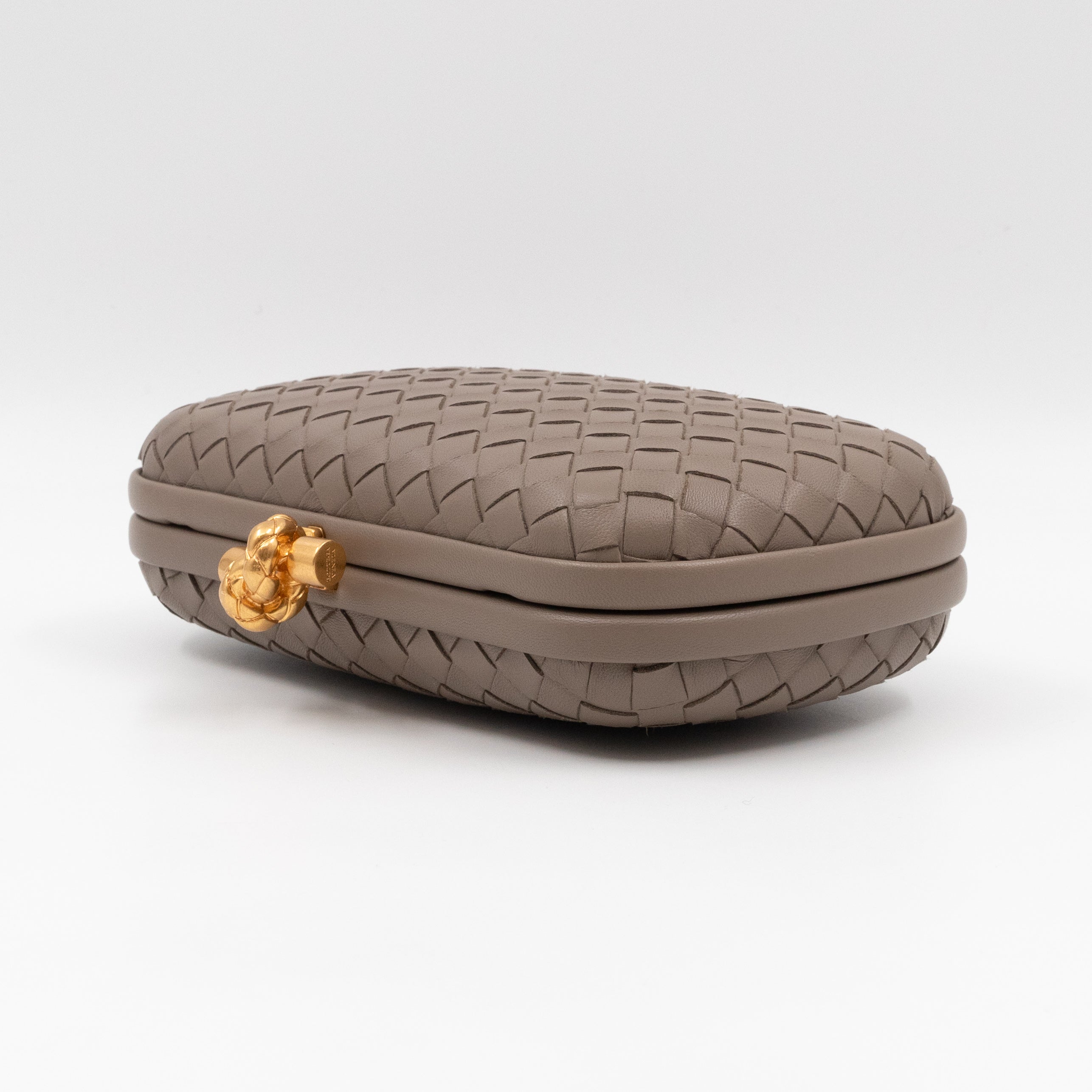 Knot Clutch with Chain Intrecciato Greige Leather