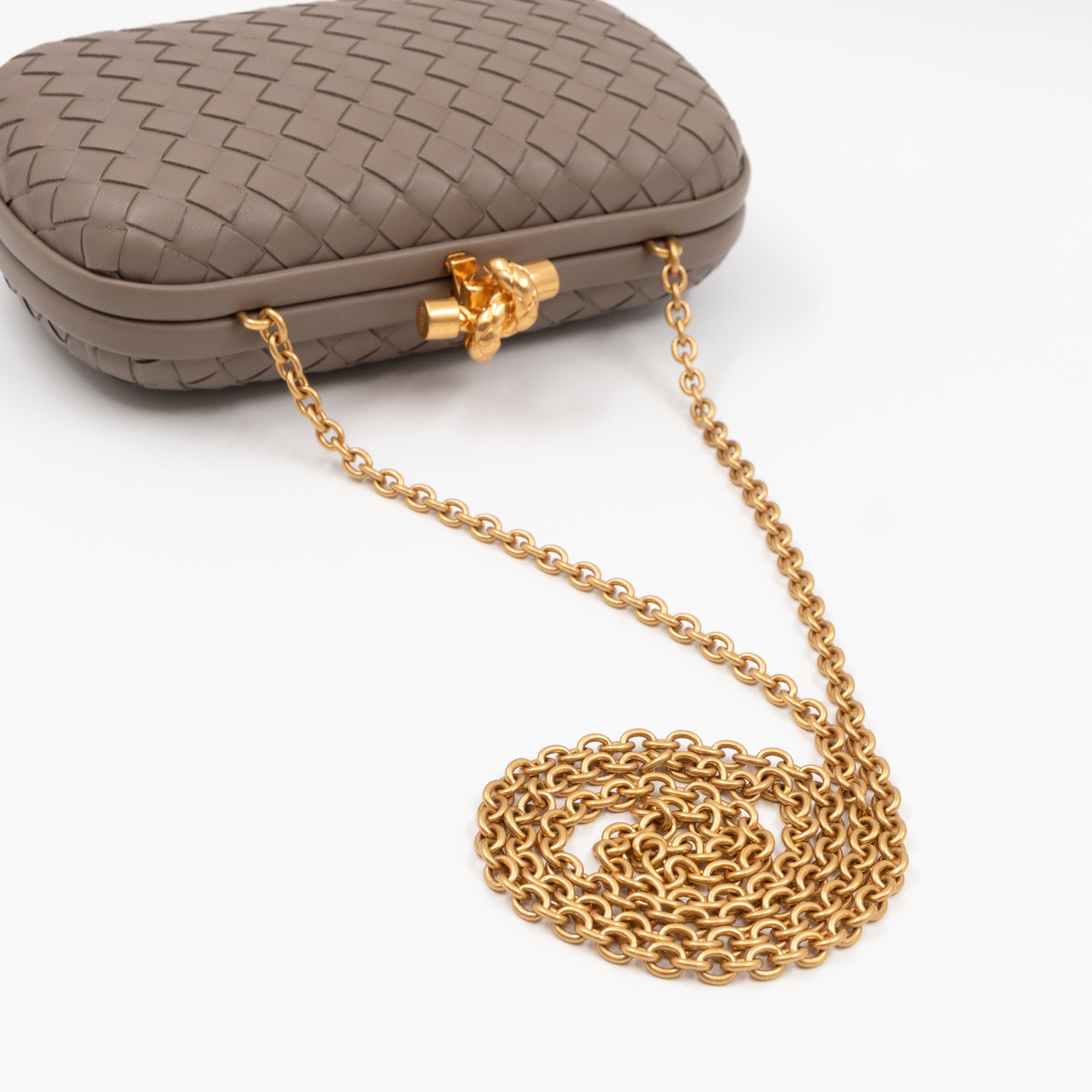 Knot Clutch with Chain Intrecciato Greige Leather