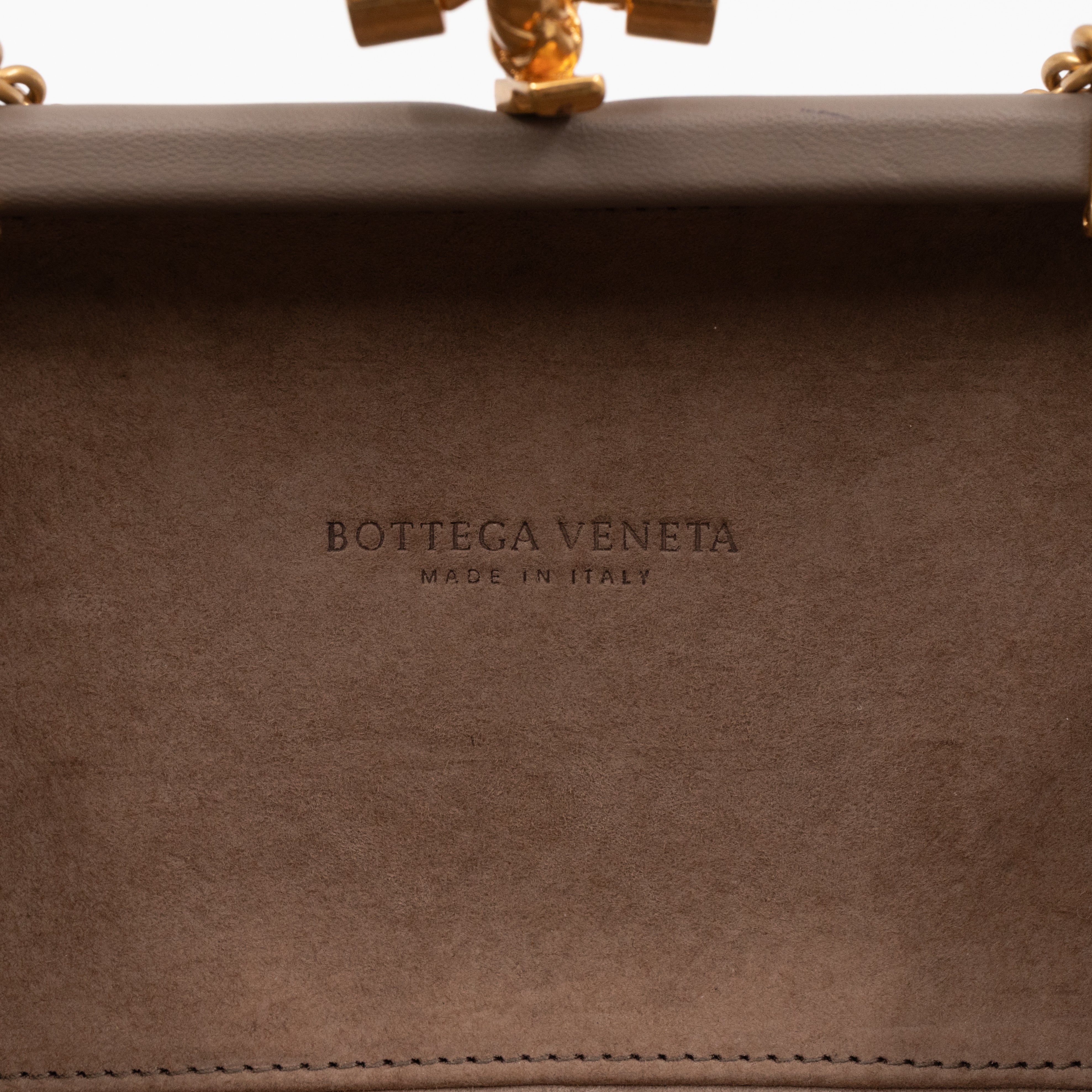 Knot Clutch with Chain Intrecciato Greige Leather