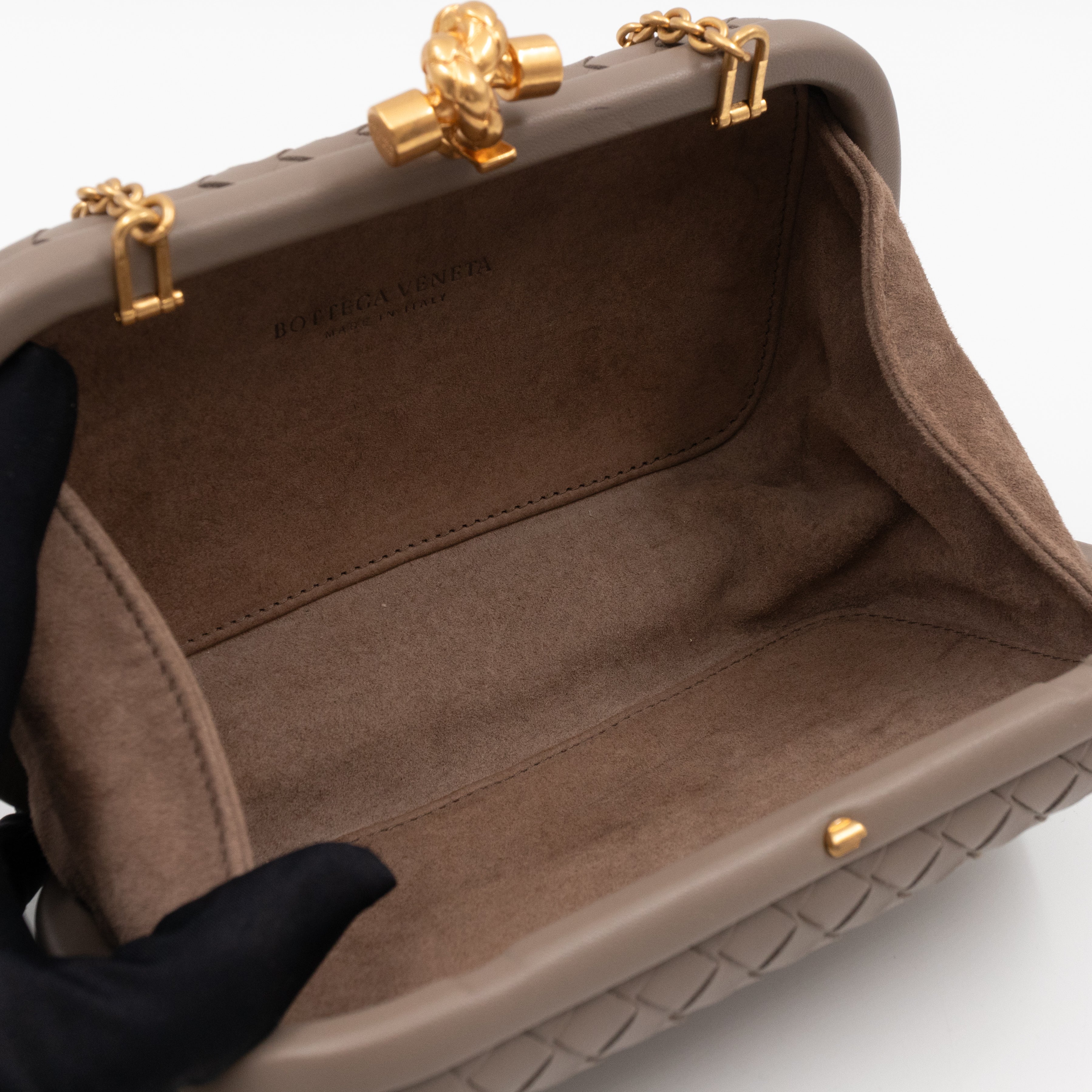 Knot Clutch with Chain Intrecciato Greige Leather