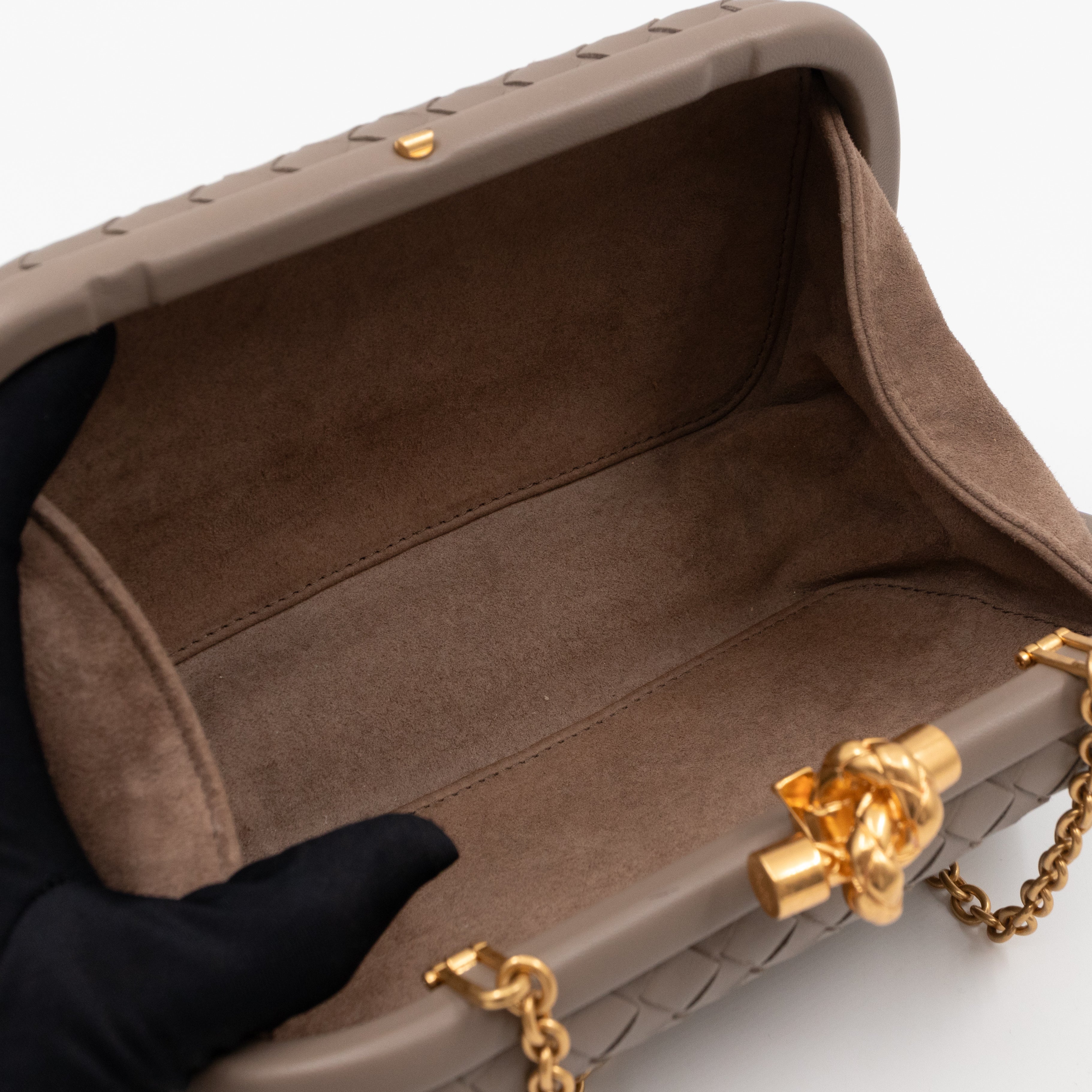 Knot Clutch with Chain Intrecciato Greige Leather