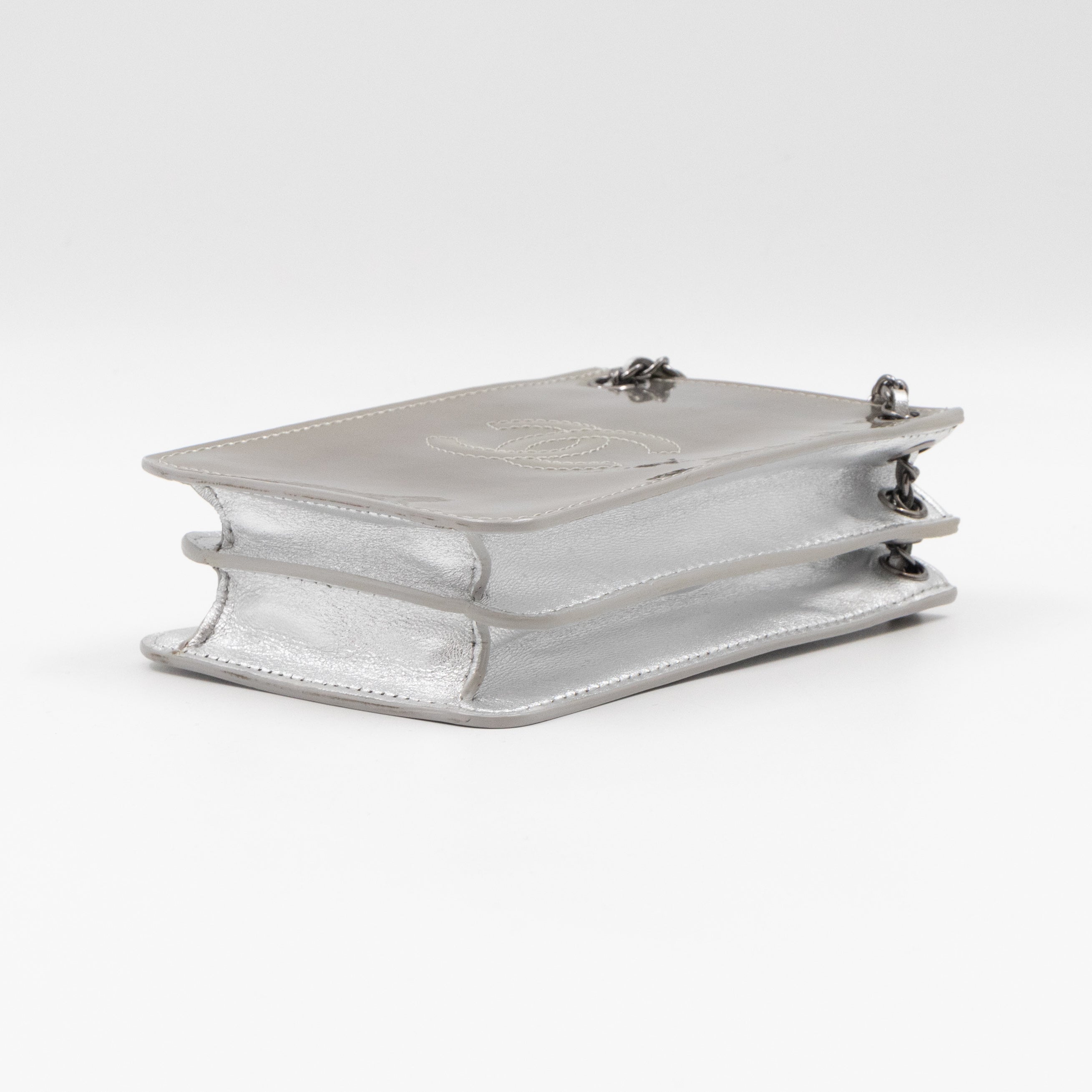 CC Phone Holder Crossbody Bag Silver Metallic Patent Leather