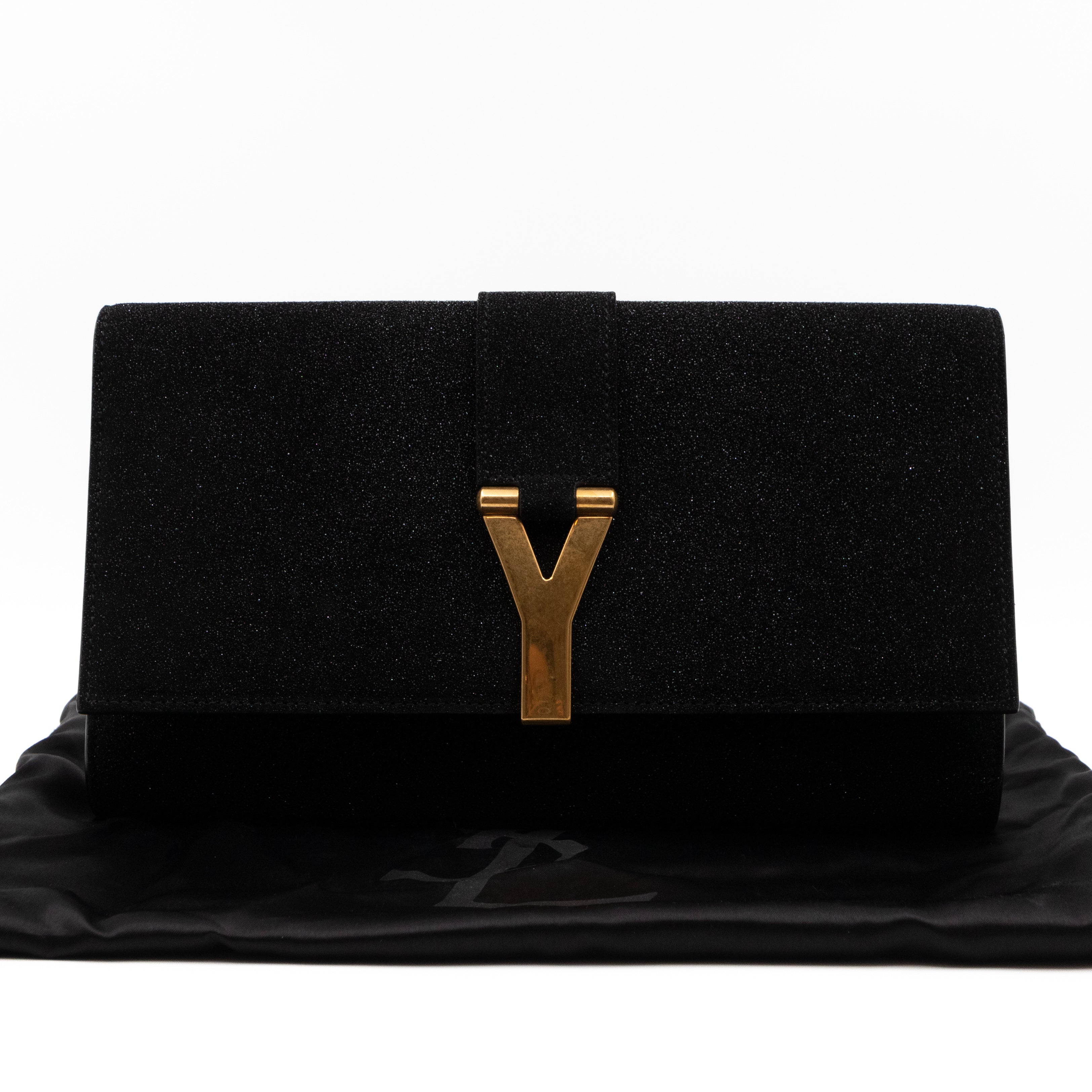 Saint Laurent YSL Chyc Ligne Y Clutch Black Glitter Leather Gold