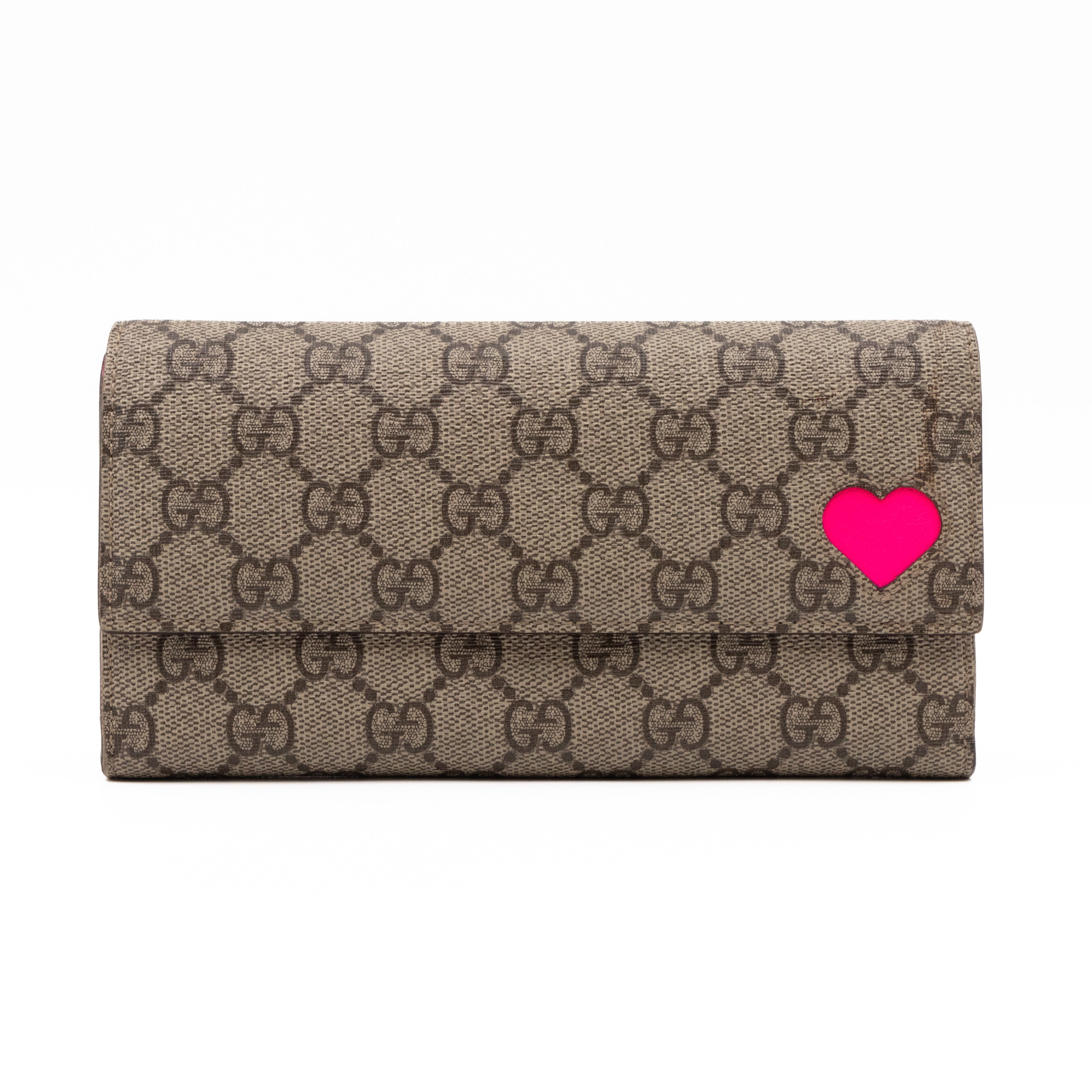 Continental Heart Long Wallet GG Supreme Monogram Neon Pink