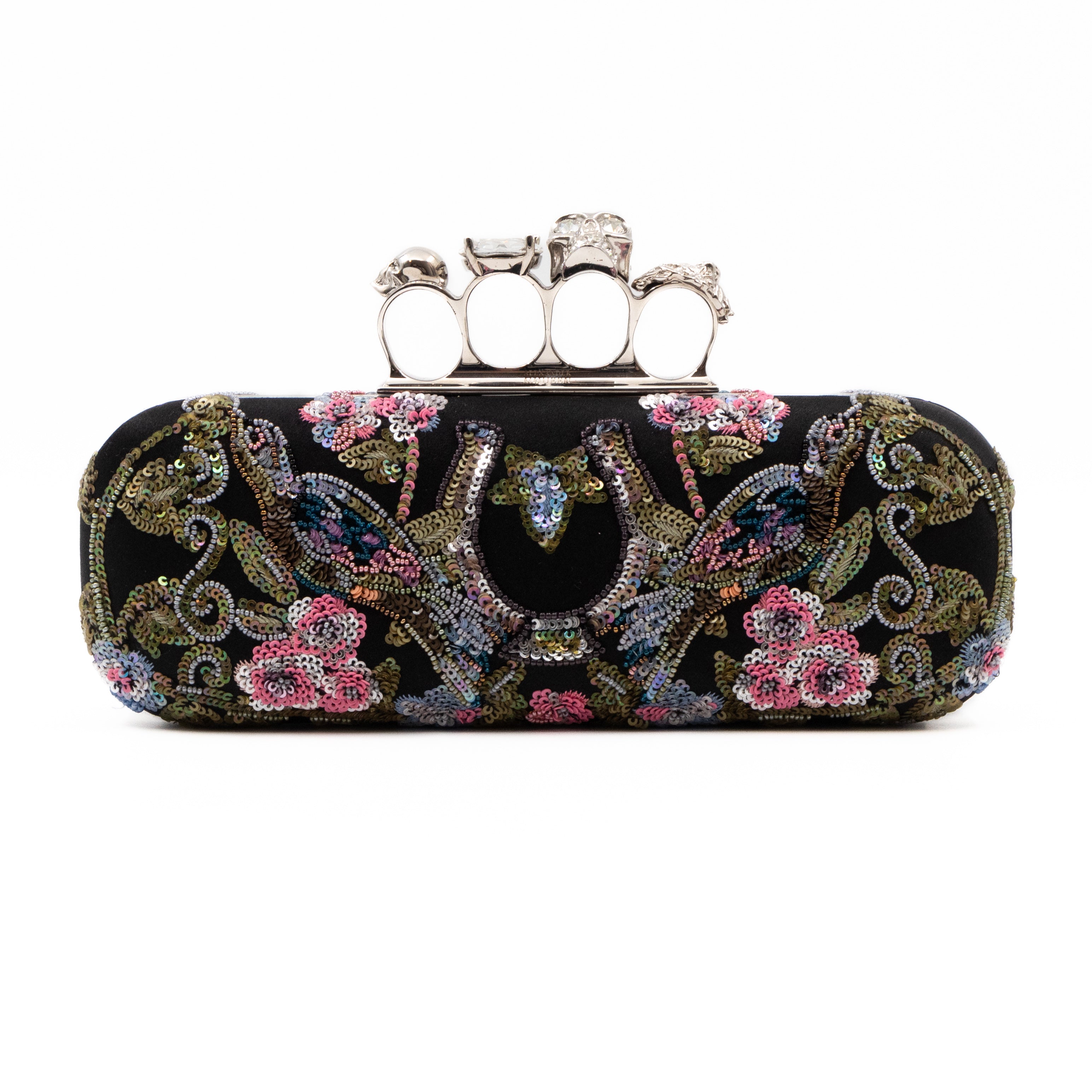 Long Skull Knuckle Clutch Black Silk Floral Embroidery