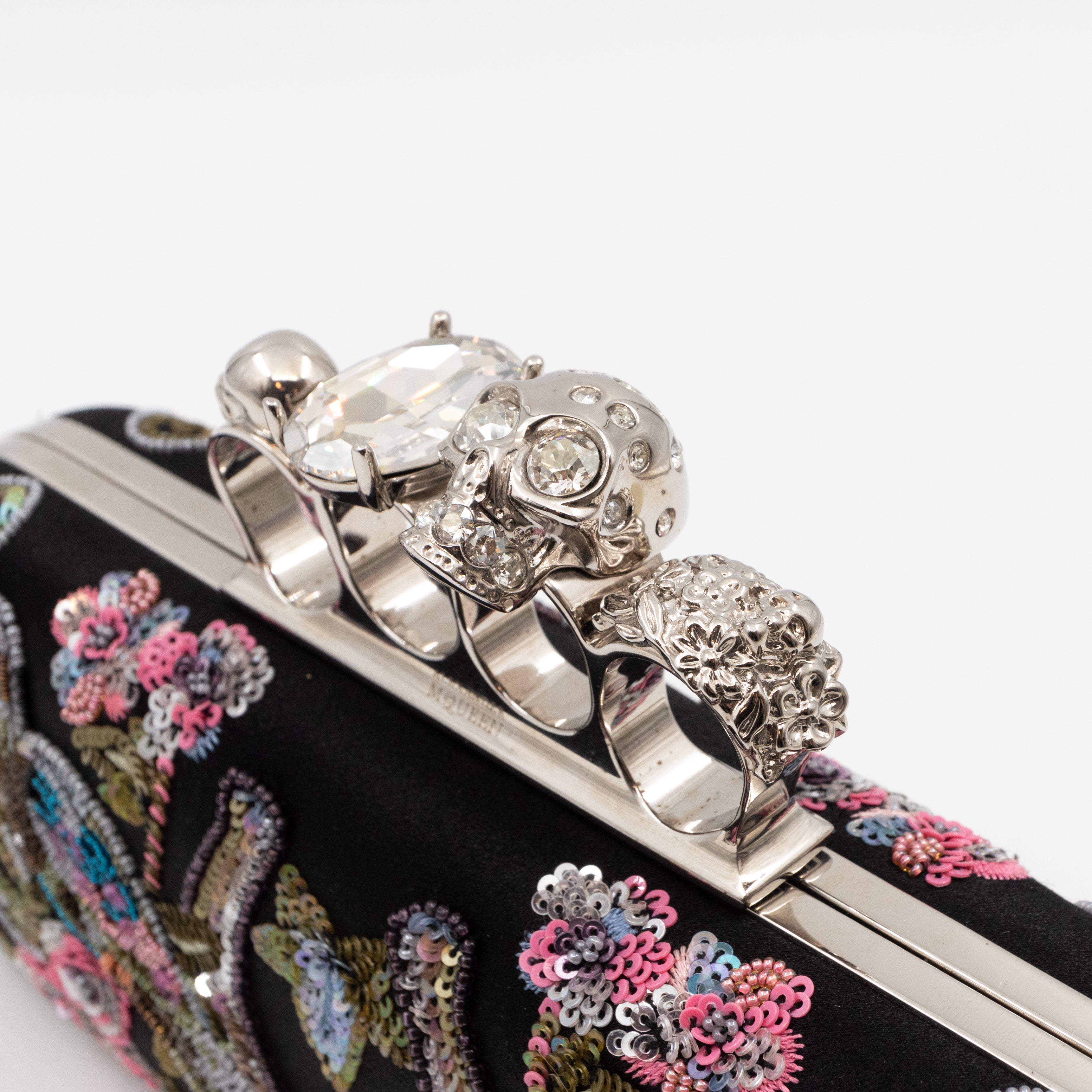 Long Skull Knuckle Clutch Black Silk Floral Embroidery
