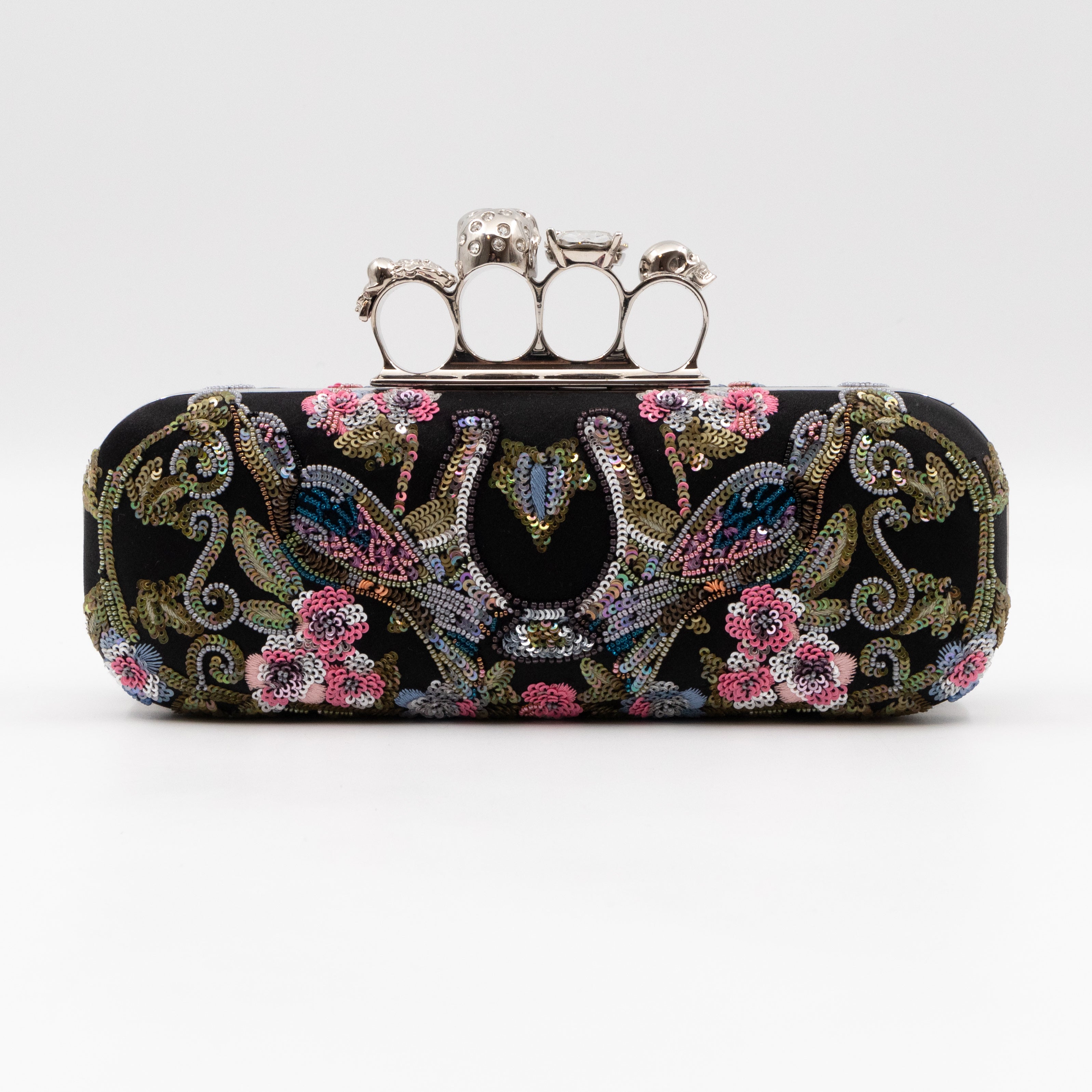 Long Skull Knuckle Clutch Black Silk Floral Embroidery
