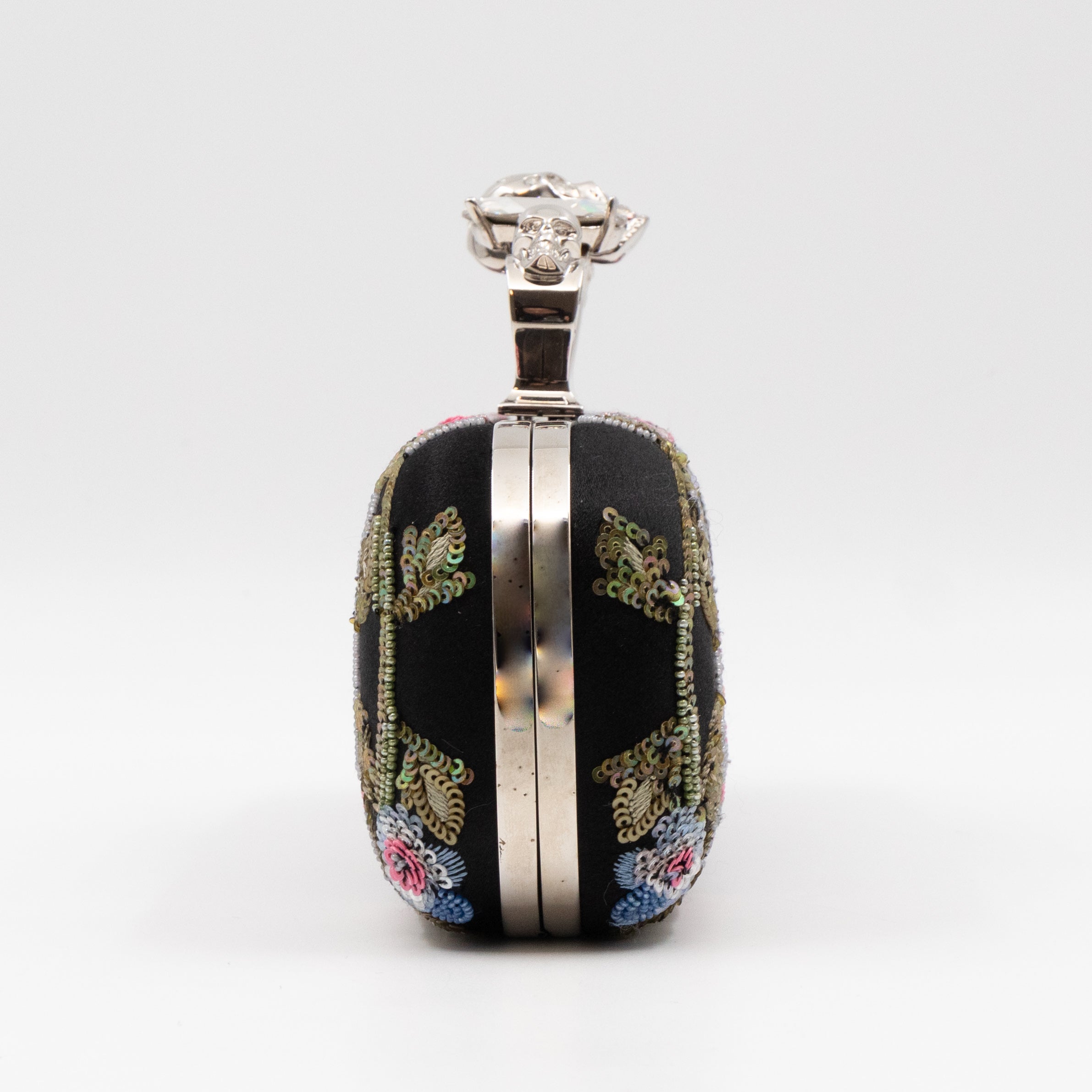 Long Skull Knuckle Clutch Black Silk Floral Embroidery