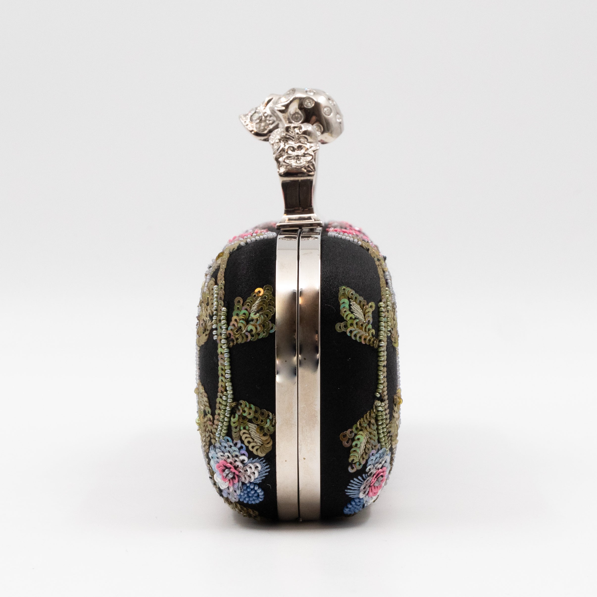 Long Skull Knuckle Clutch Black Silk Floral Embroidery