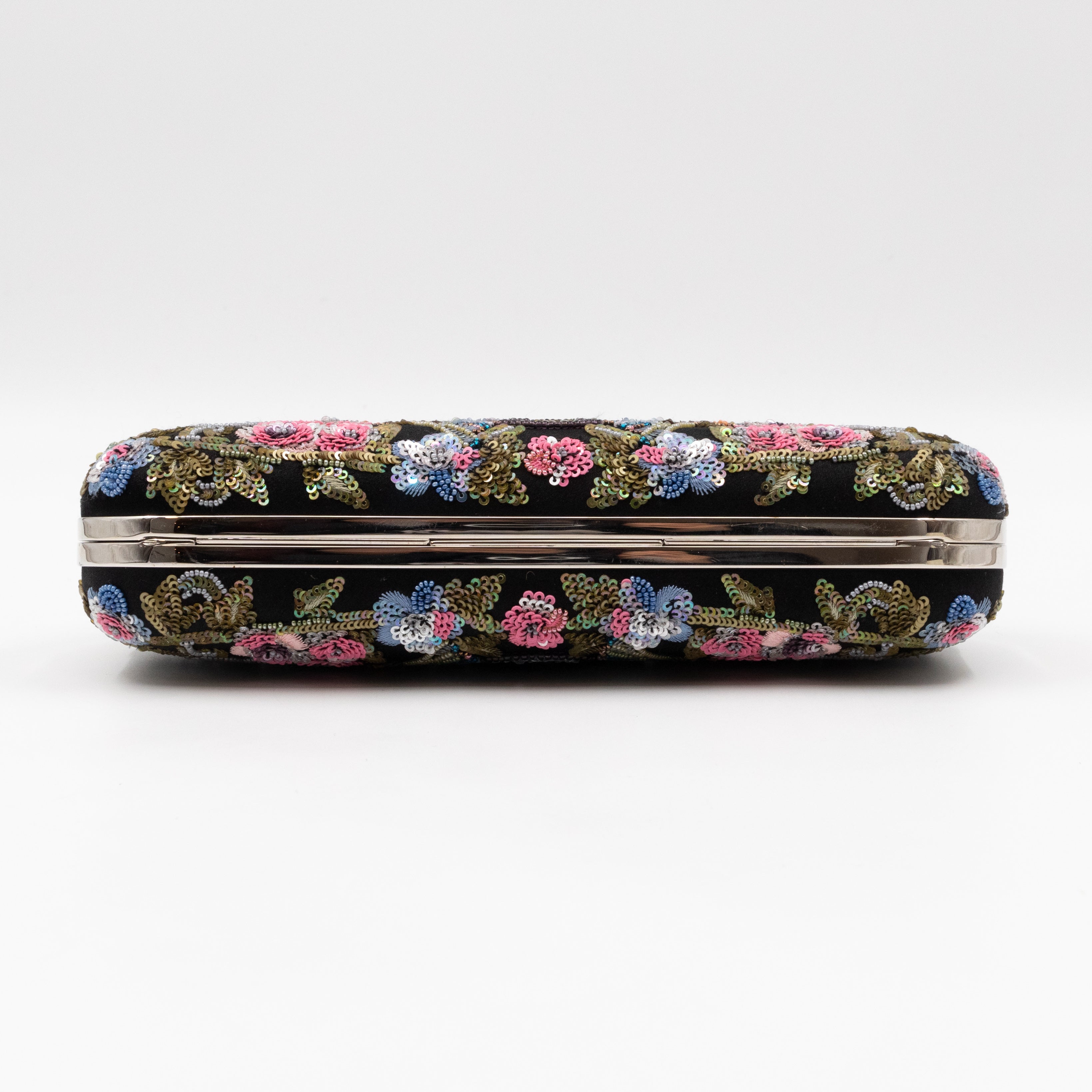 Long Skull Knuckle Clutch Black Silk Floral Embroidery