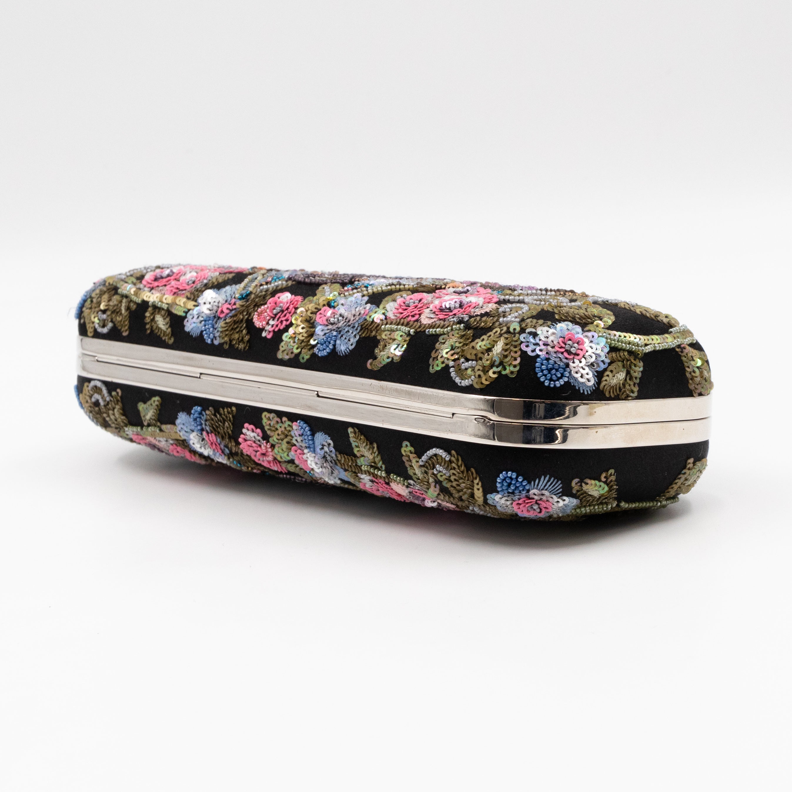 Long Skull Knuckle Clutch Black Silk Floral Embroidery
