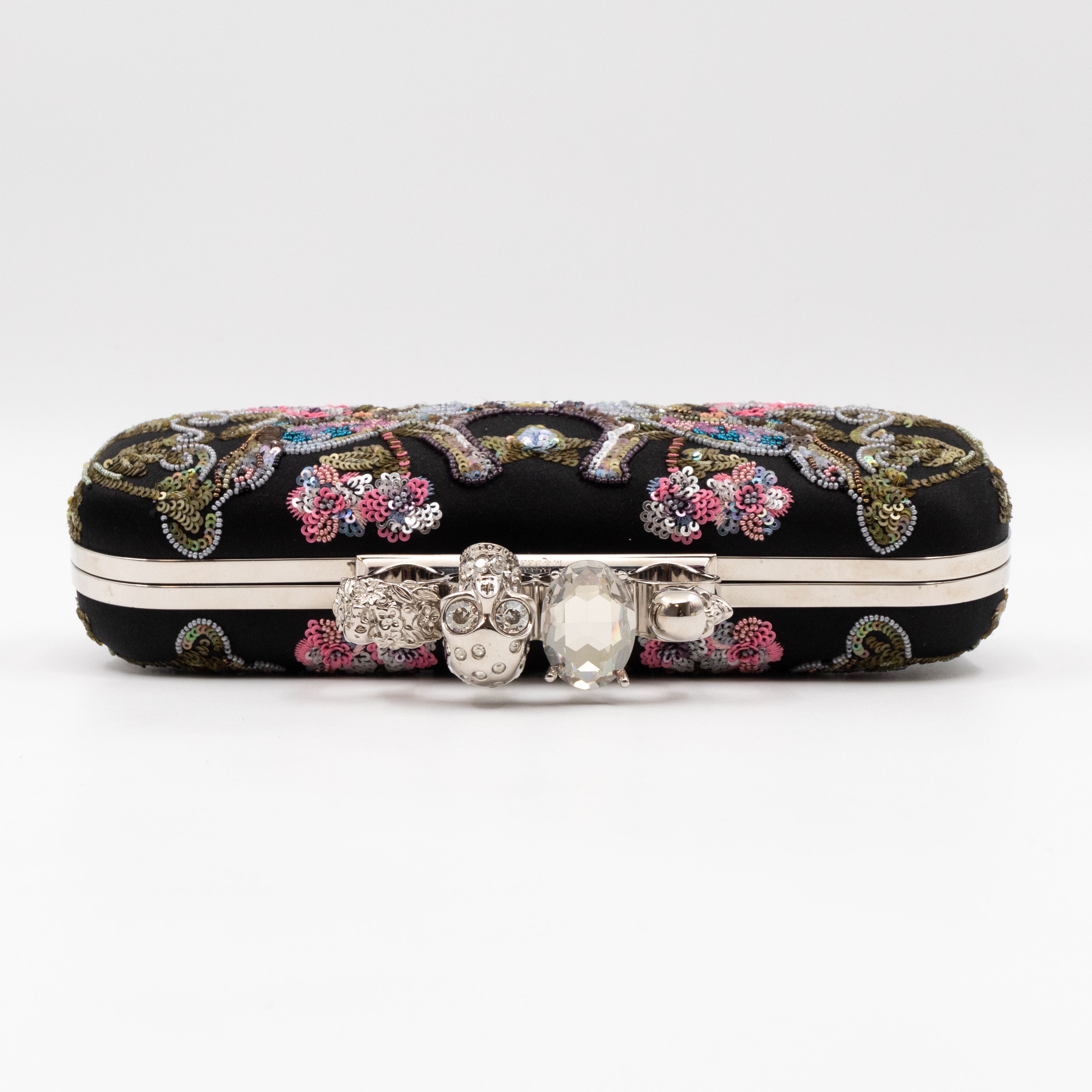 Long Skull Knuckle Clutch Black Silk Floral Embroidery