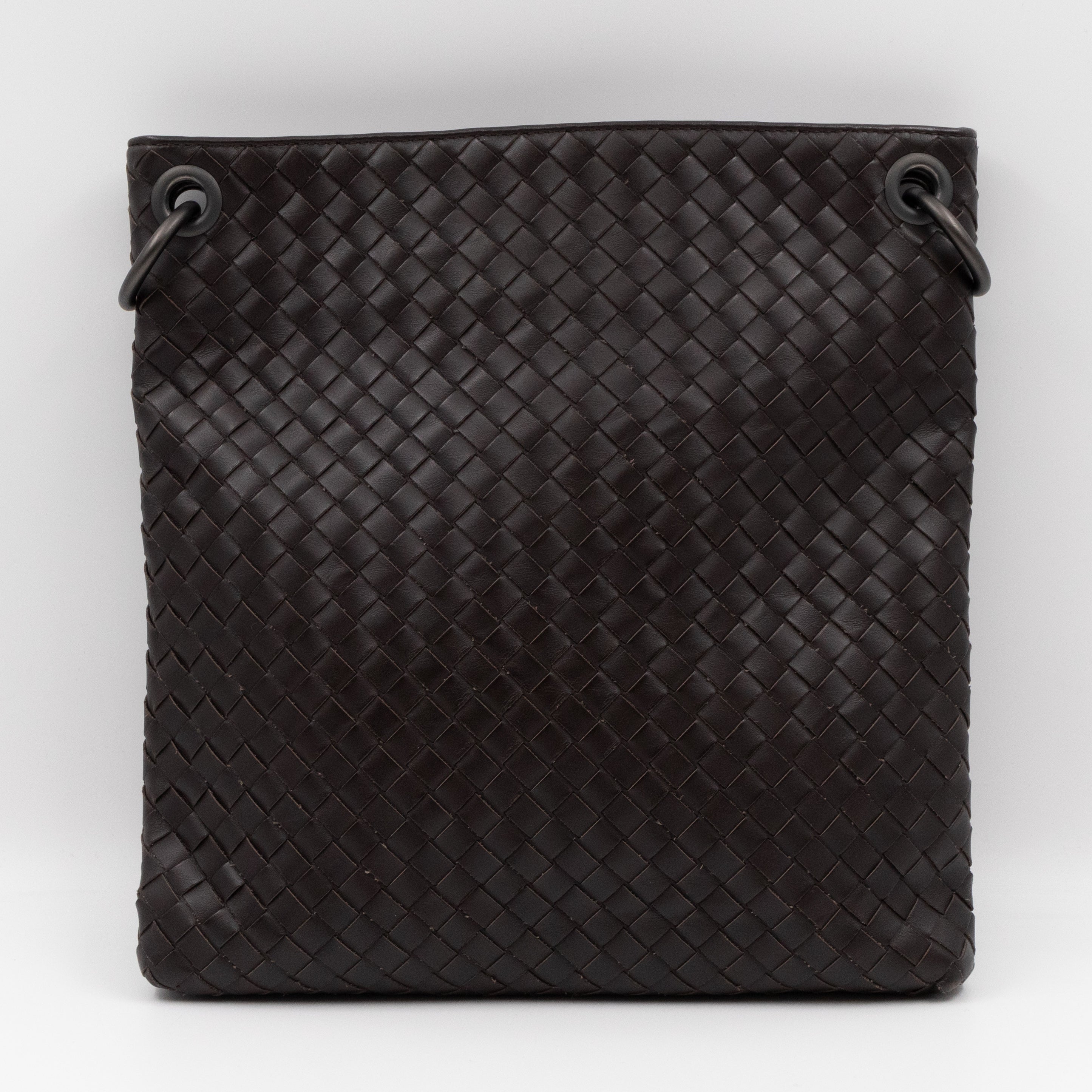 Flat Messenger Bag Intrecciato Dark Brown Leather