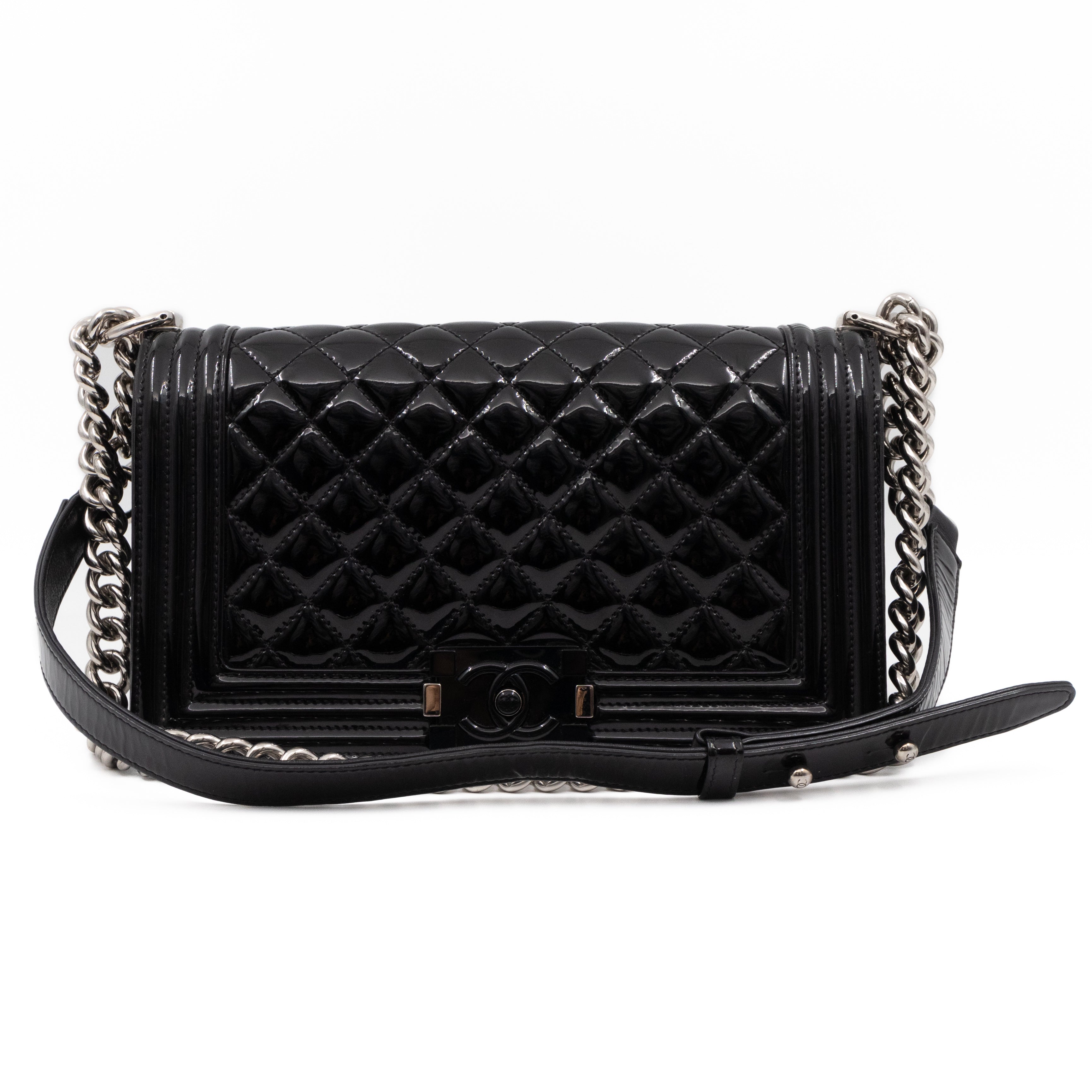 Boy Bag Old Medium Black Patent Leather with Plexiglass Lock