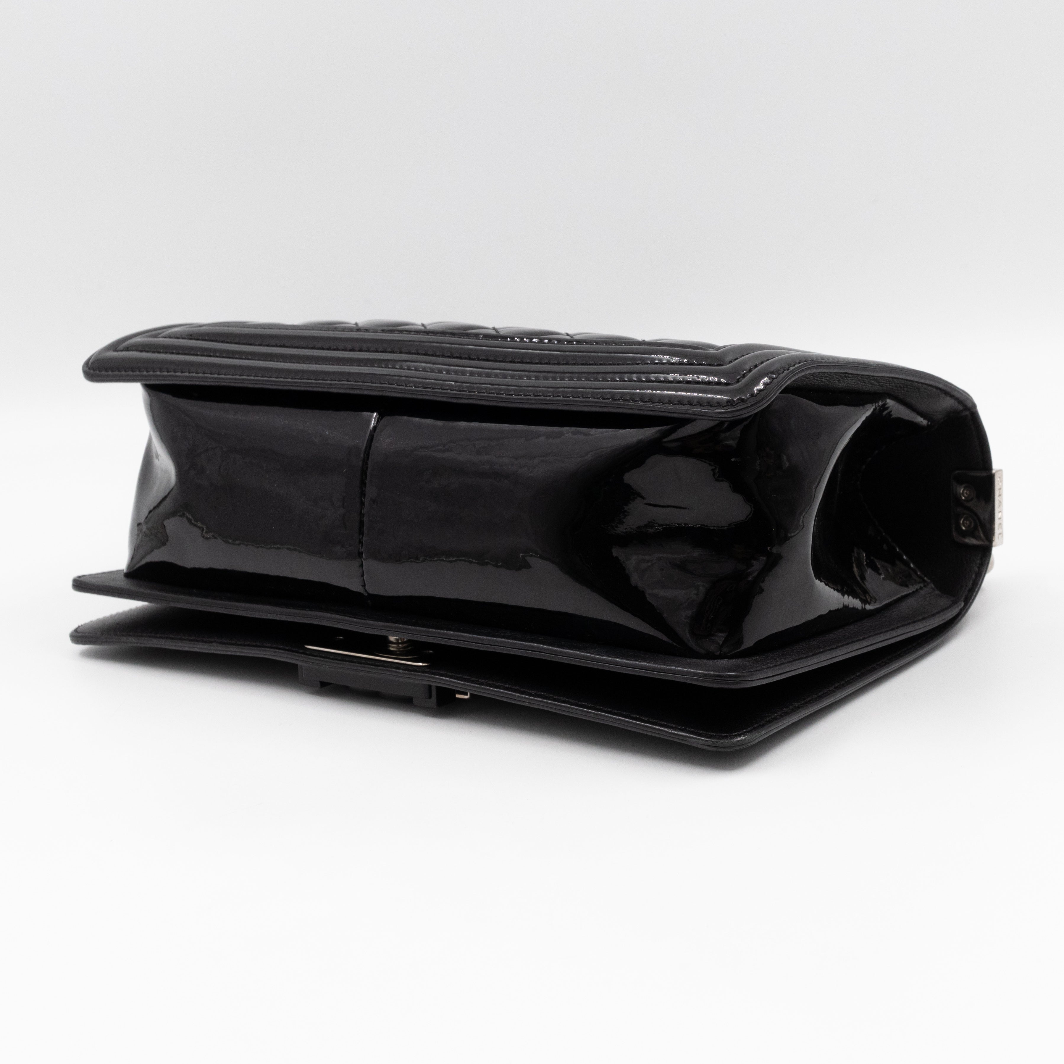 Boy Bag Old Medium Black Patent Leather with Plexiglass Lock