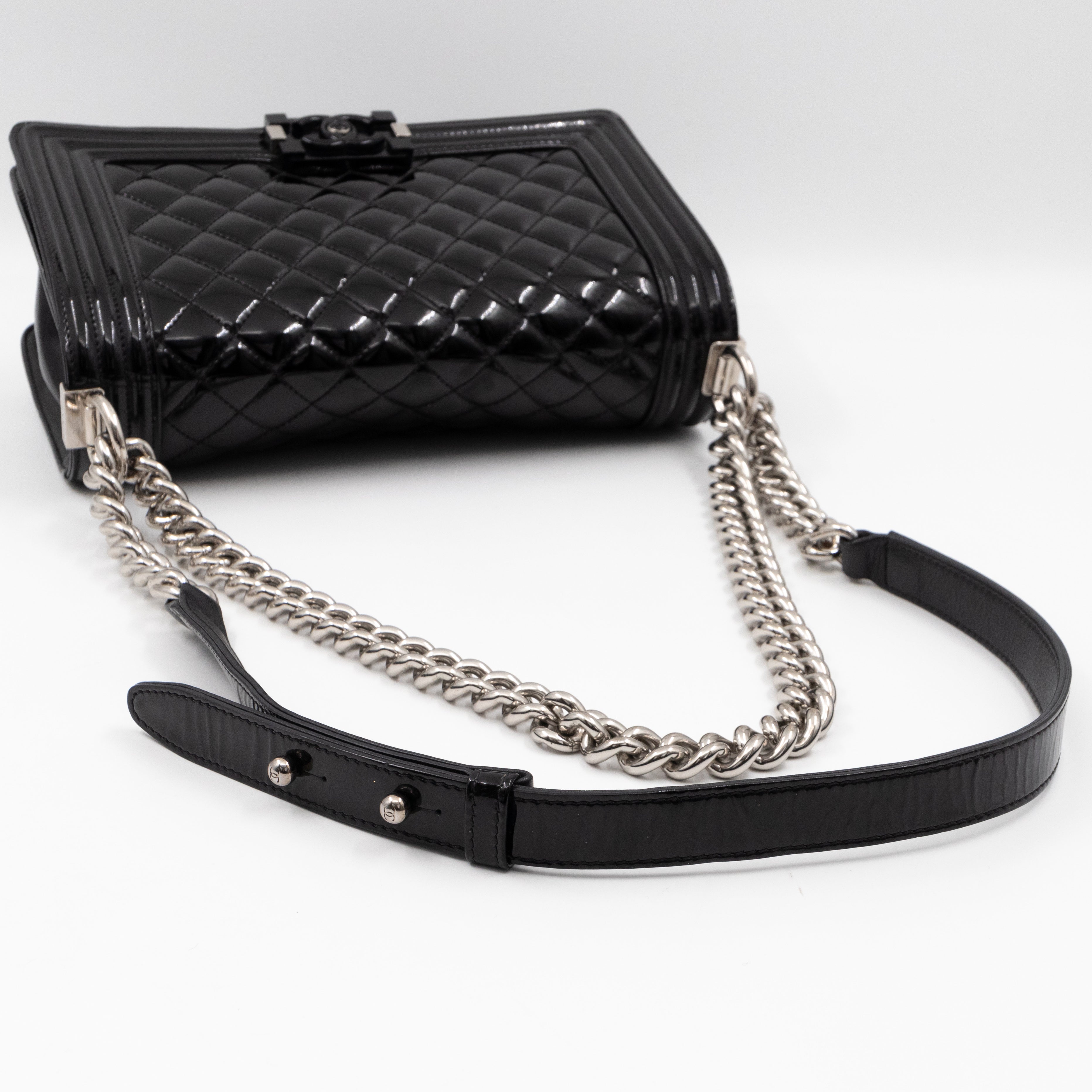 Boy Bag Old Medium Black Patent Leather with Plexiglass Lock