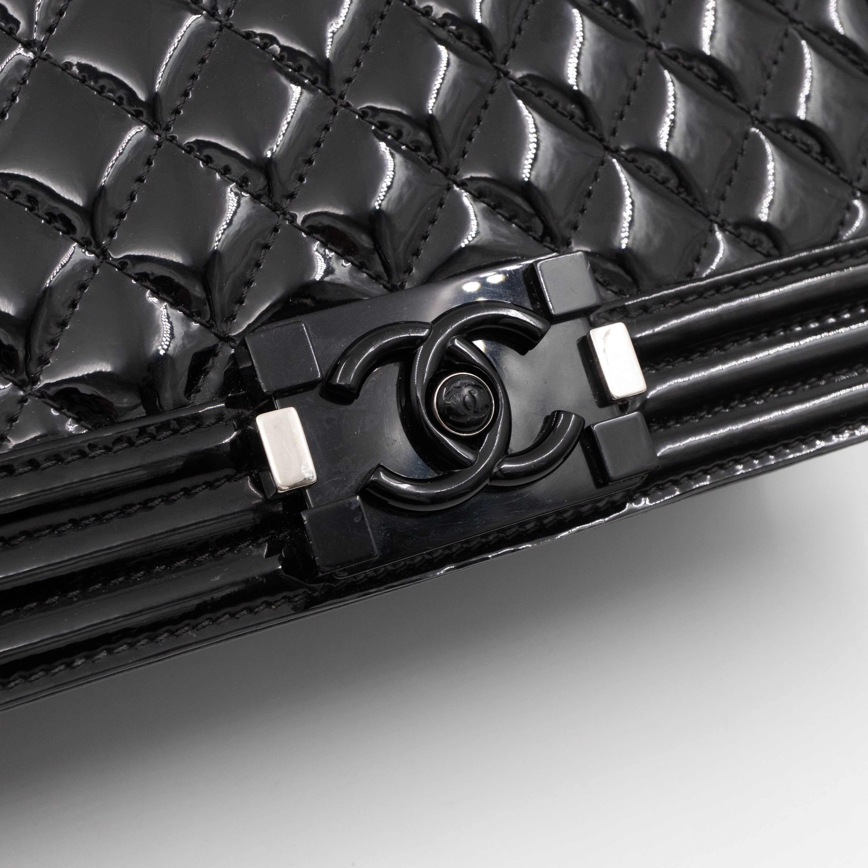 Boy Bag Old Medium Black Patent Leather with Plexiglass Lock