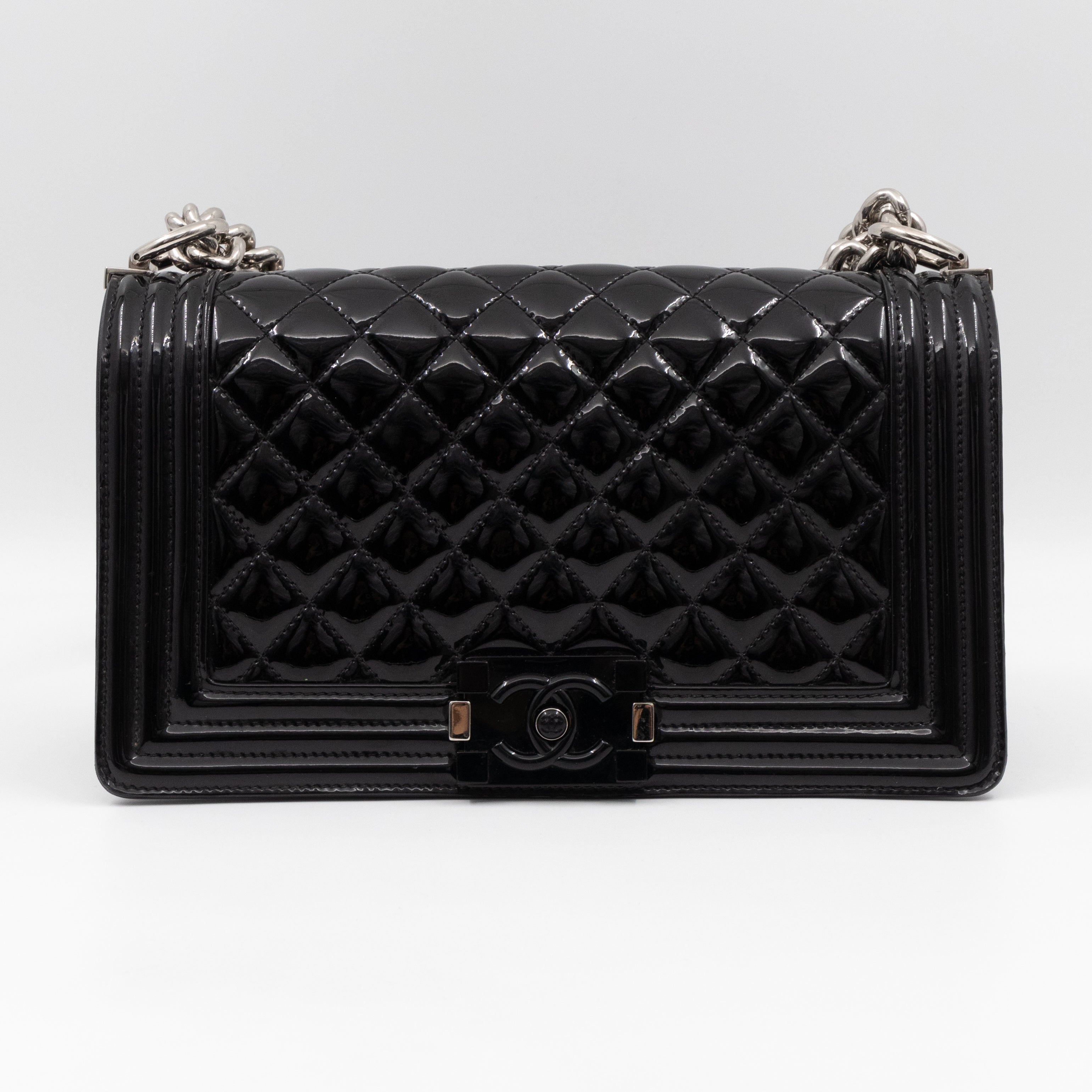 Boy Bag Old Medium Black Patent Leather with Plexiglass Lock