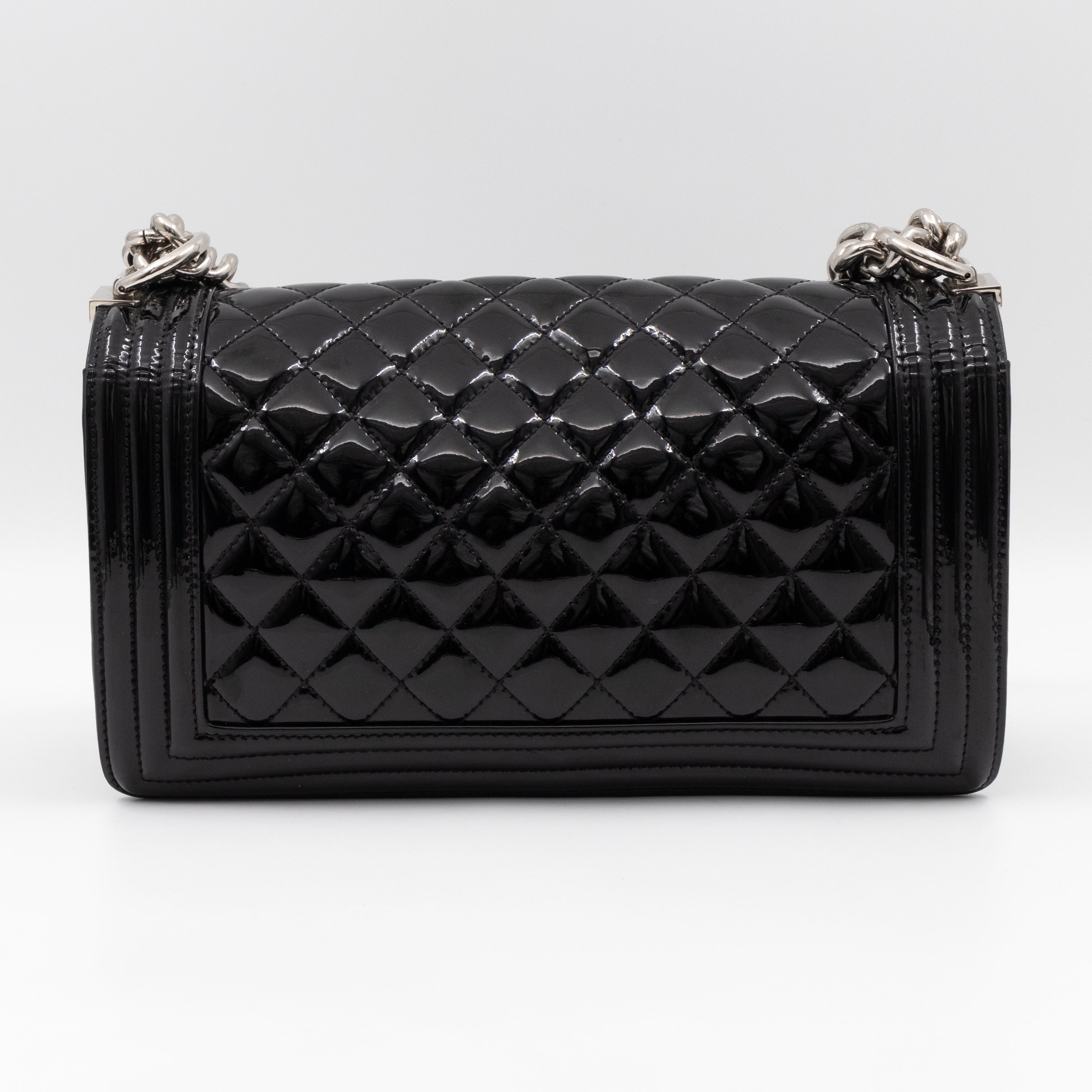 Boy Bag Old Medium Black Patent Leather with Plexiglass Lock