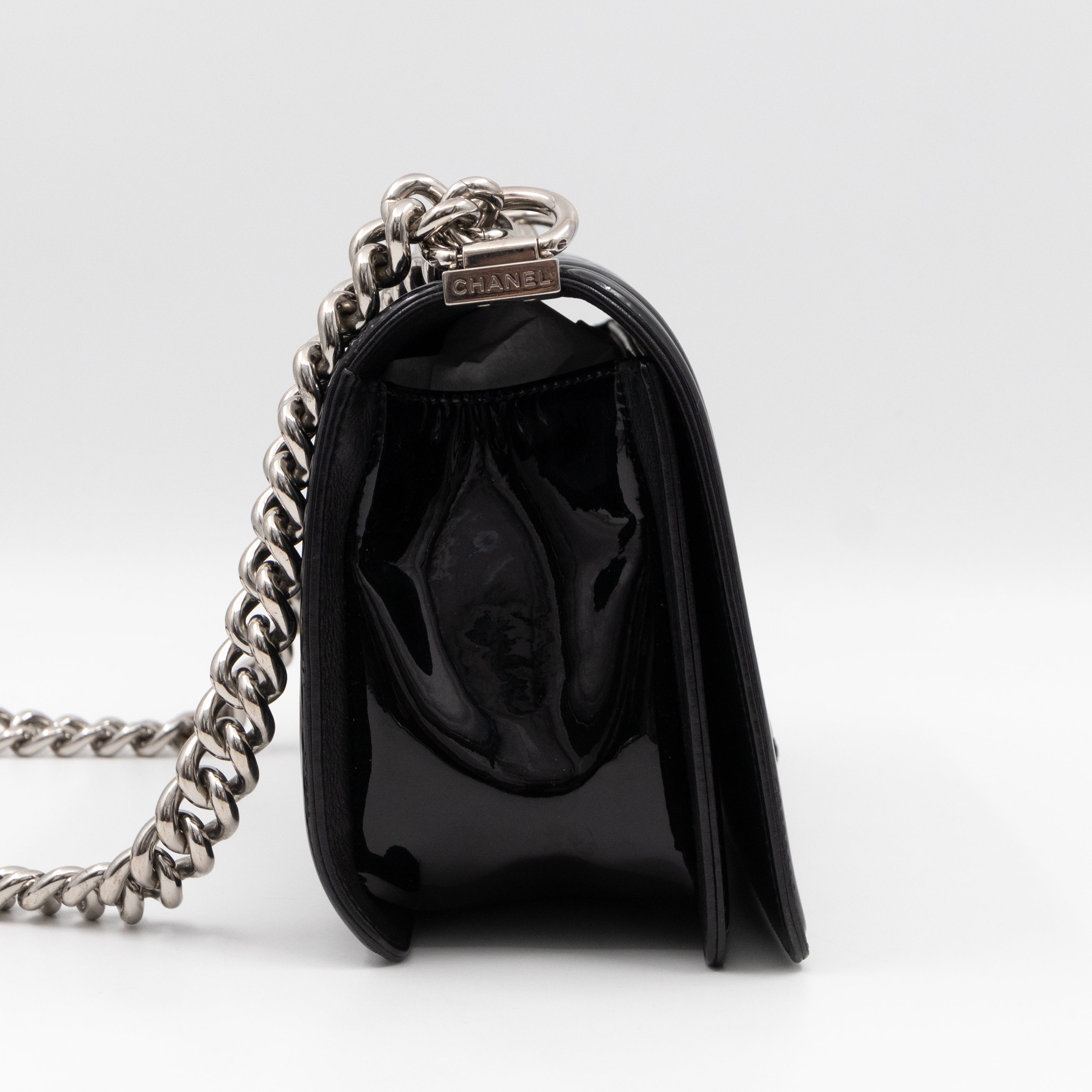 Boy Bag Old Medium Black Patent Leather with Plexiglass Lock