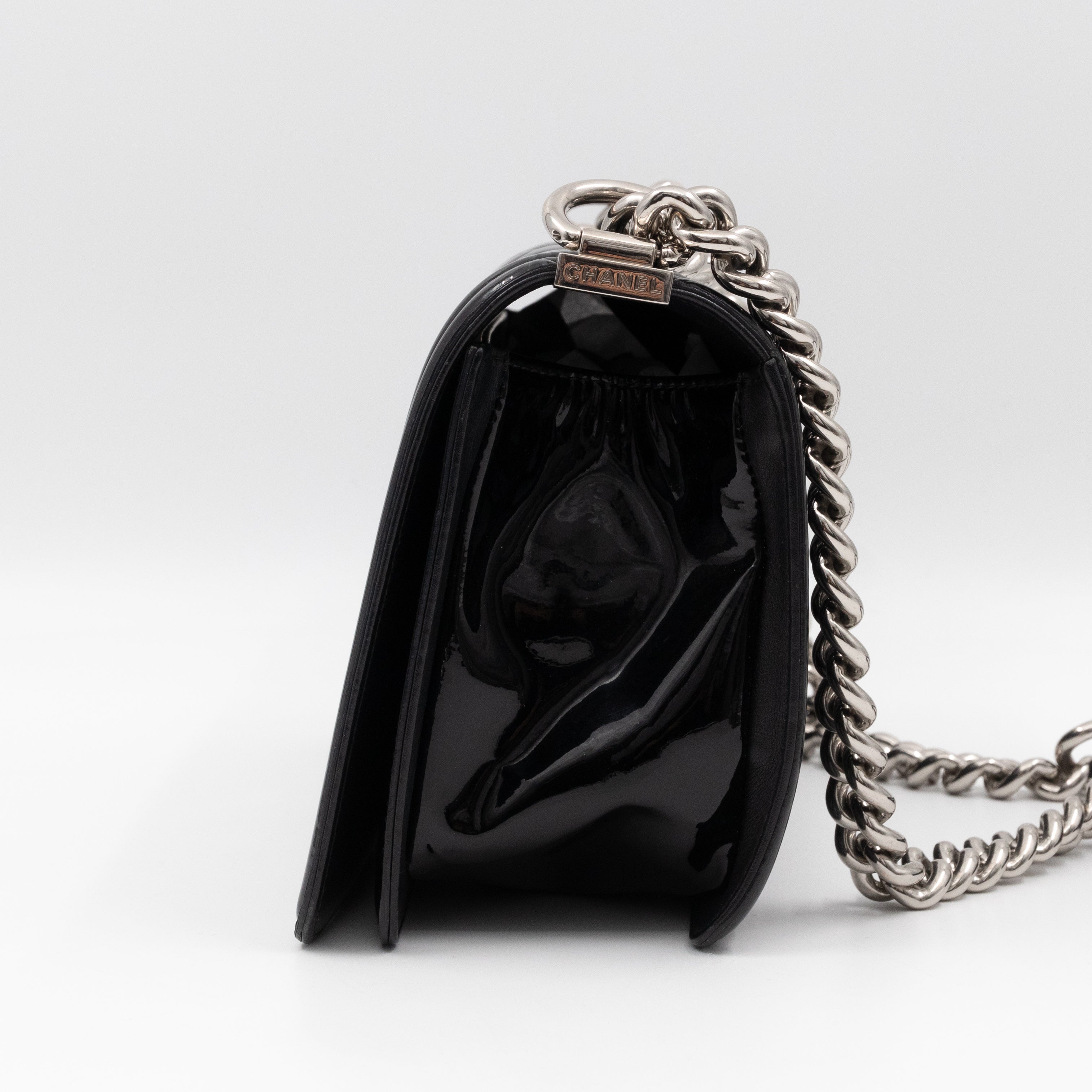 Boy Bag Old Medium Black Patent Leather with Plexiglass Lock