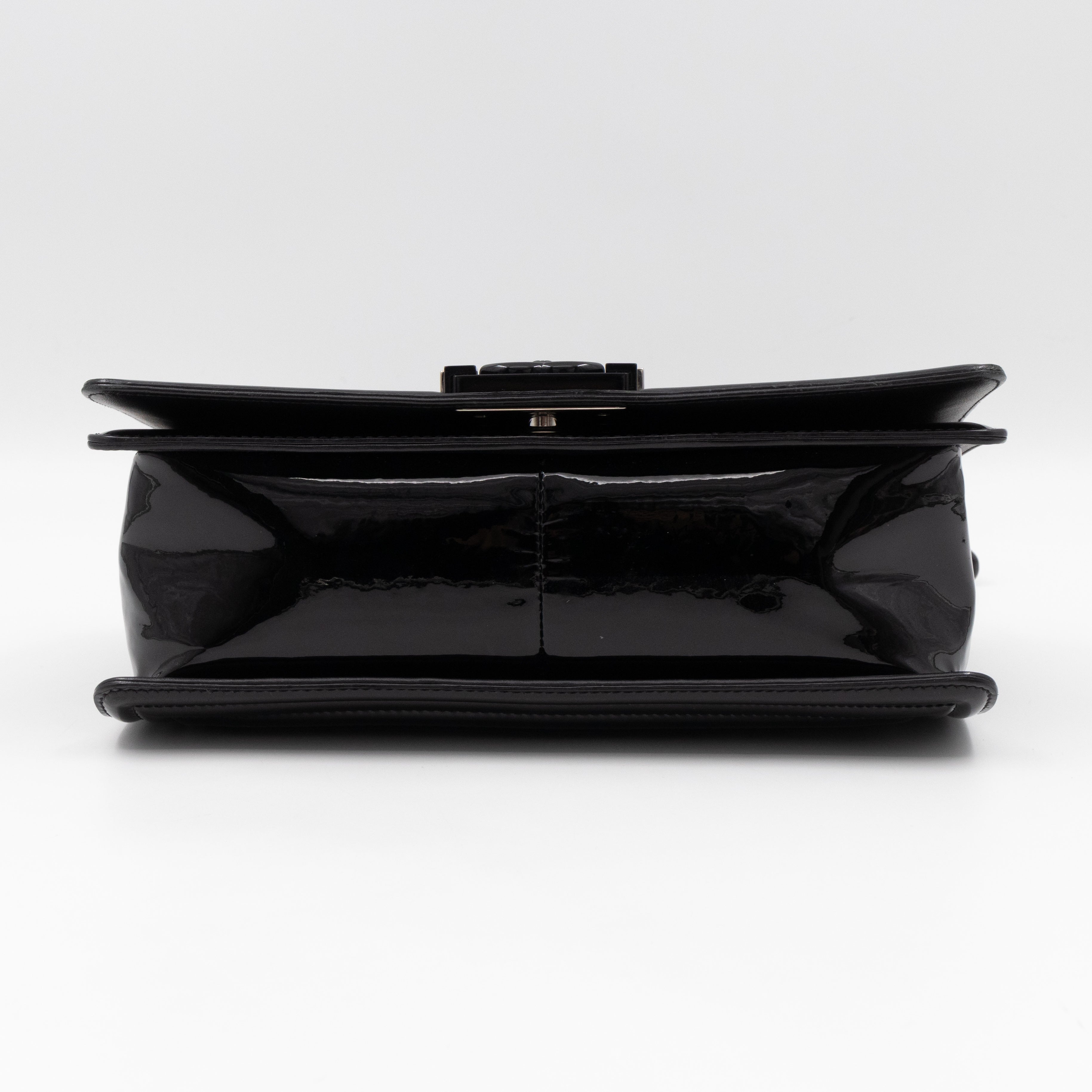 Boy Bag Old Medium Black Patent Leather with Plexiglass Lock