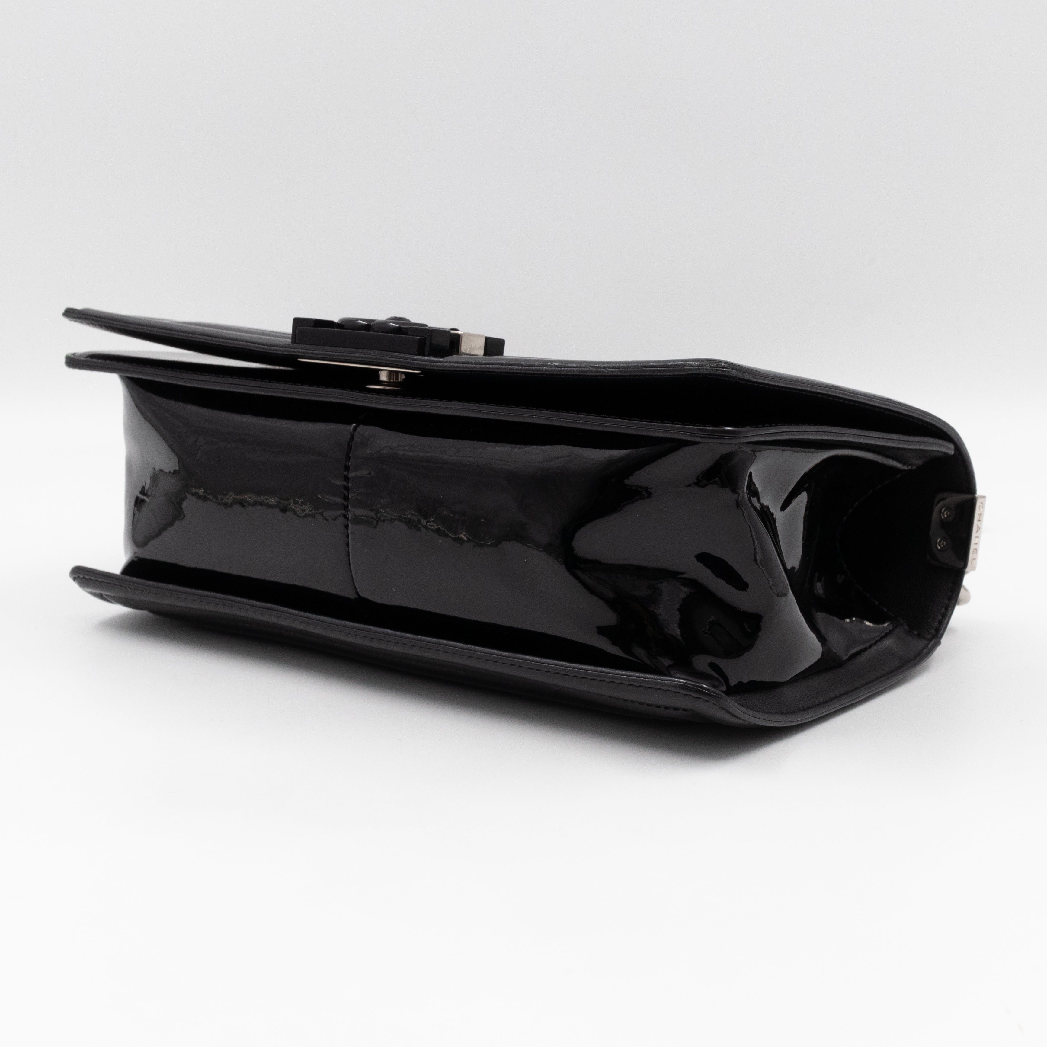 Boy Bag Old Medium Black Patent Leather with Plexiglass Lock