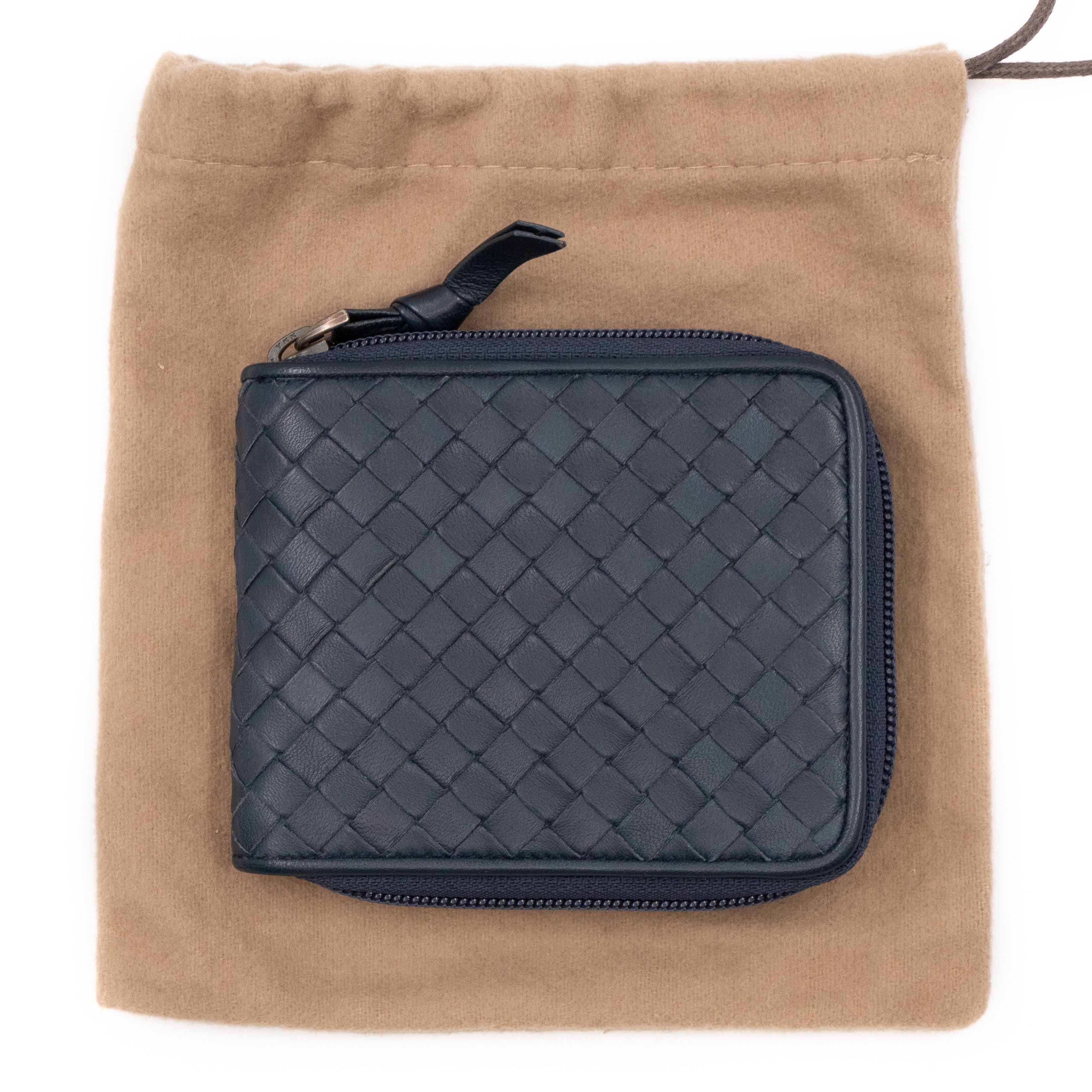 Zip Around Small Wallet Navy Intrecciato Leather