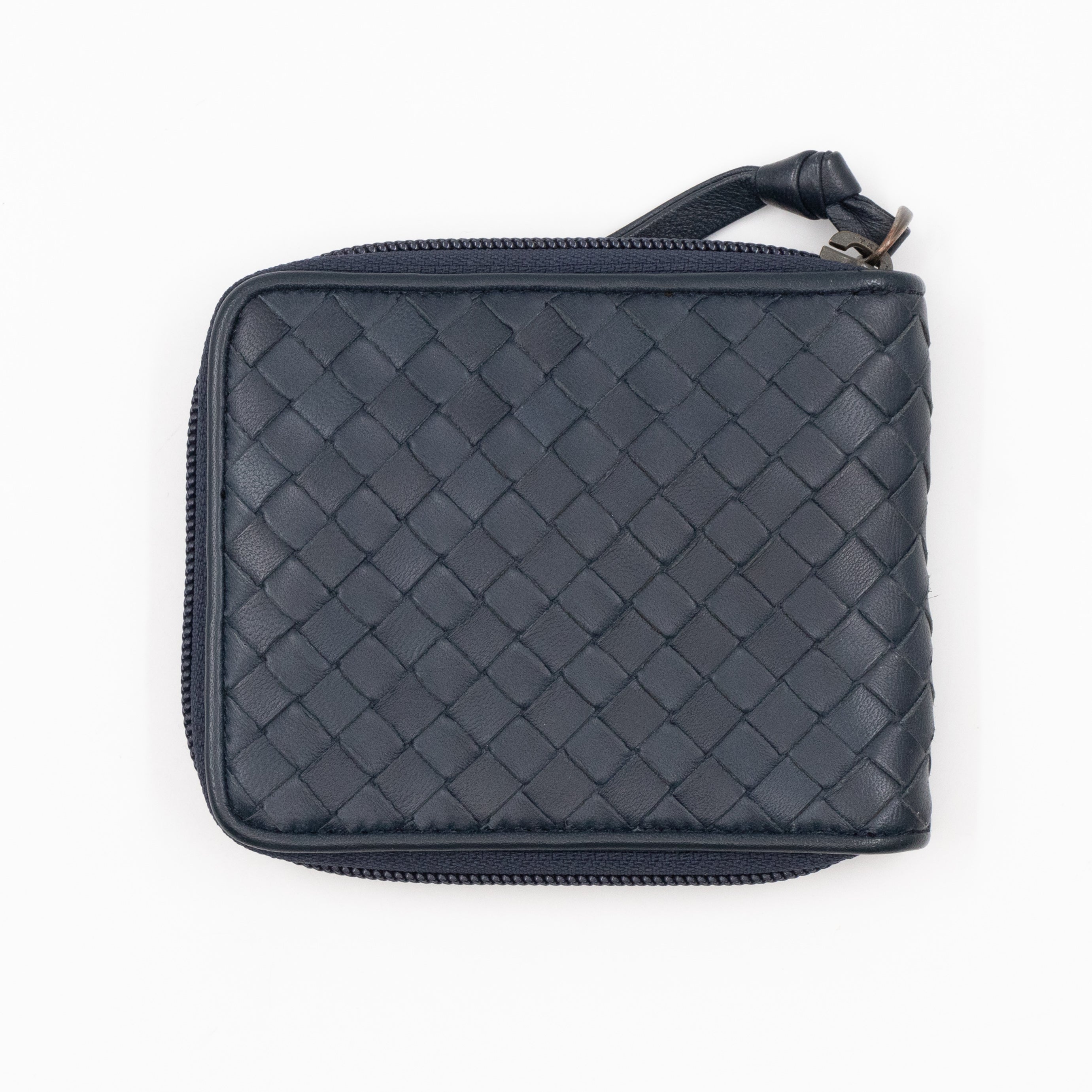 Zip Around Small Wallet Navy Intrecciato Leather