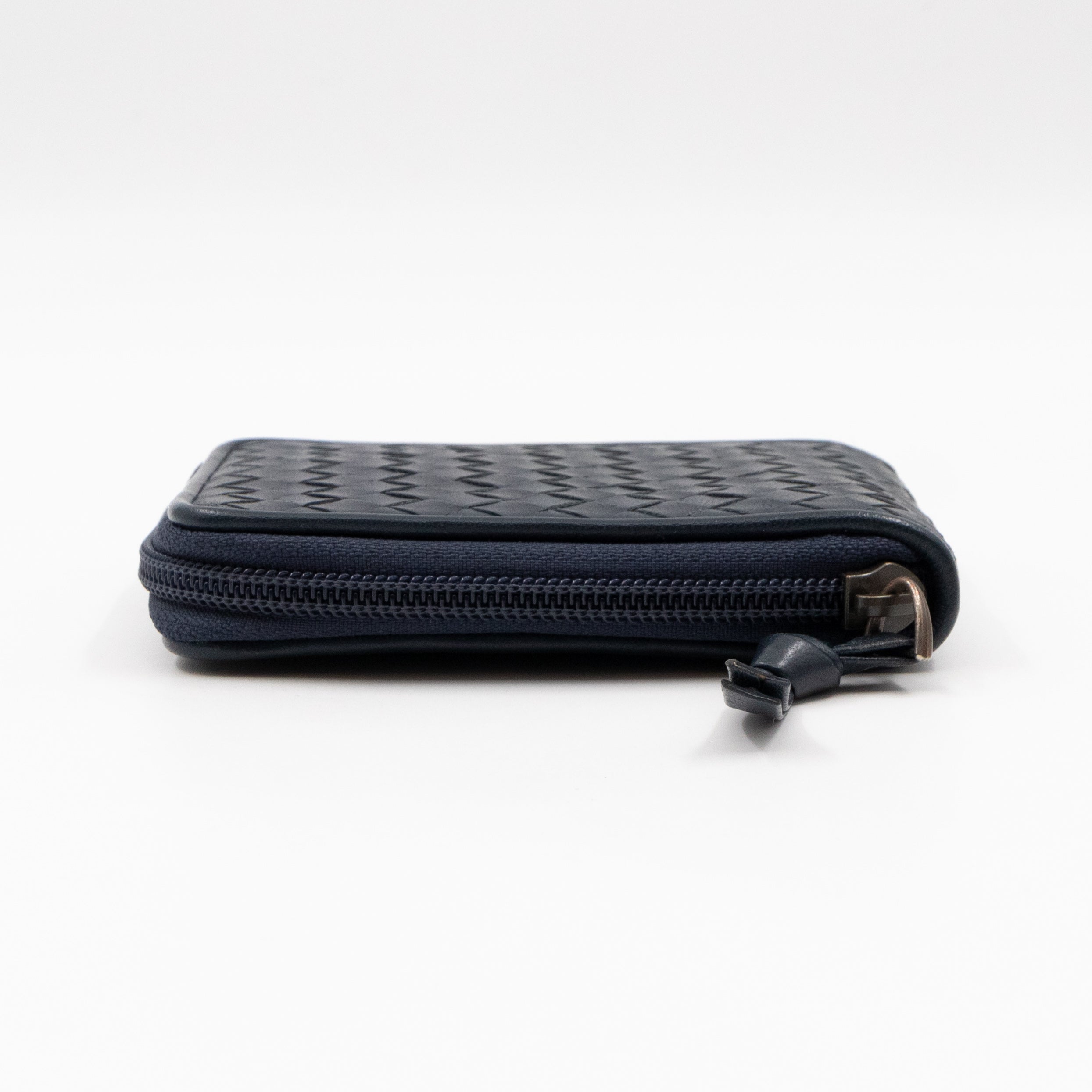 Zip Around Small Wallet Navy Intrecciato Leather