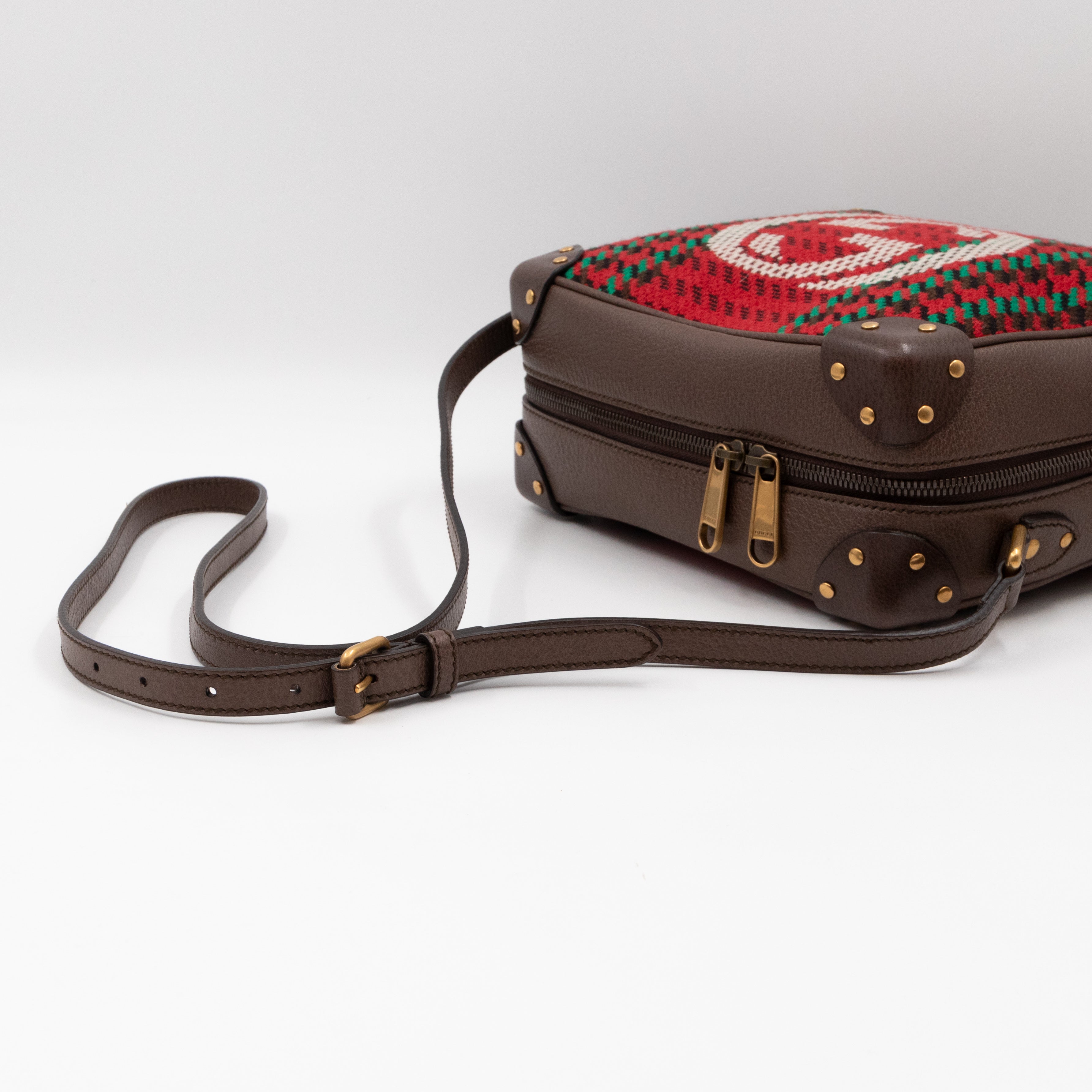 Houndstooth Woven Square Trunk Bag Brown Leather