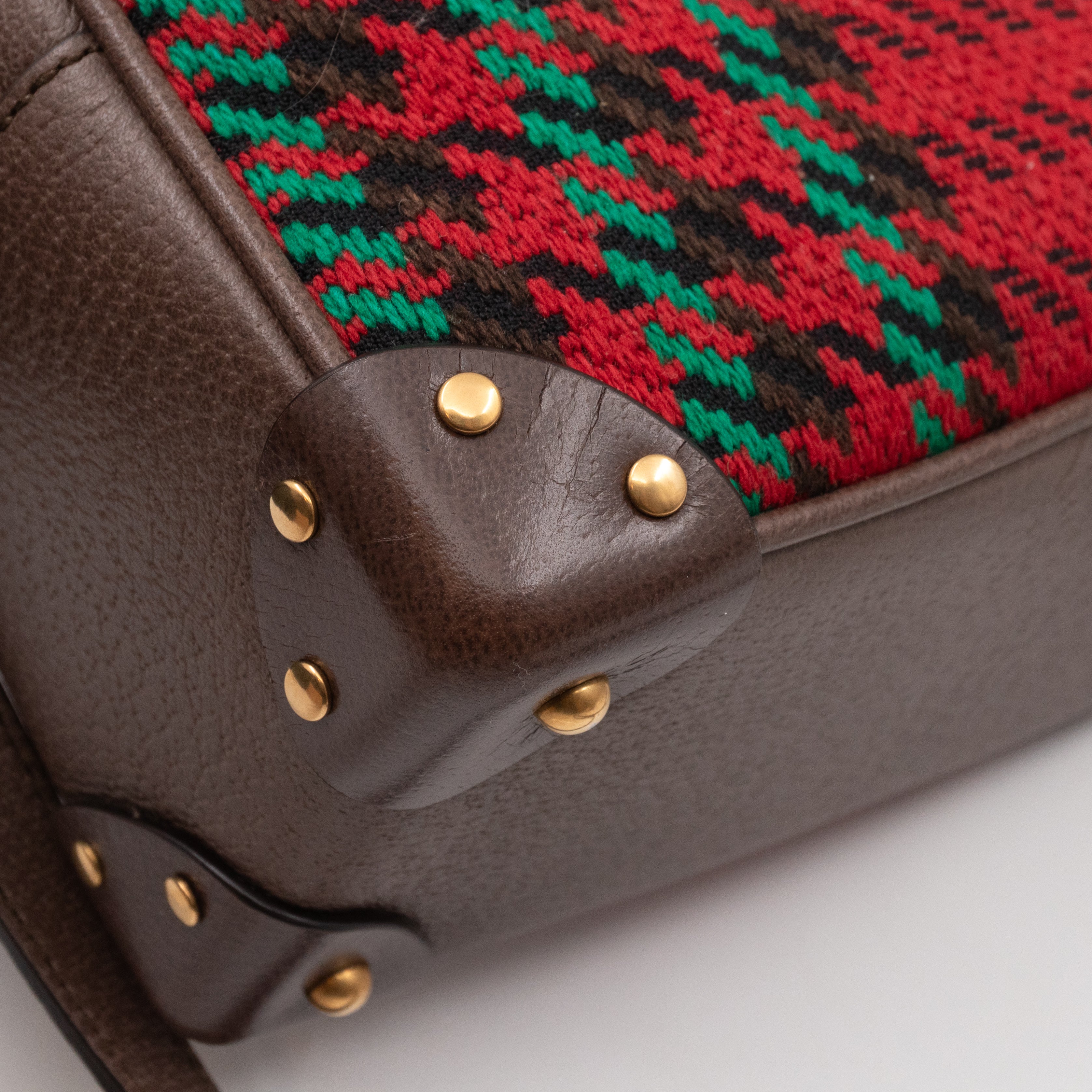 Houndstooth Woven Square Trunk Bag Brown Leather