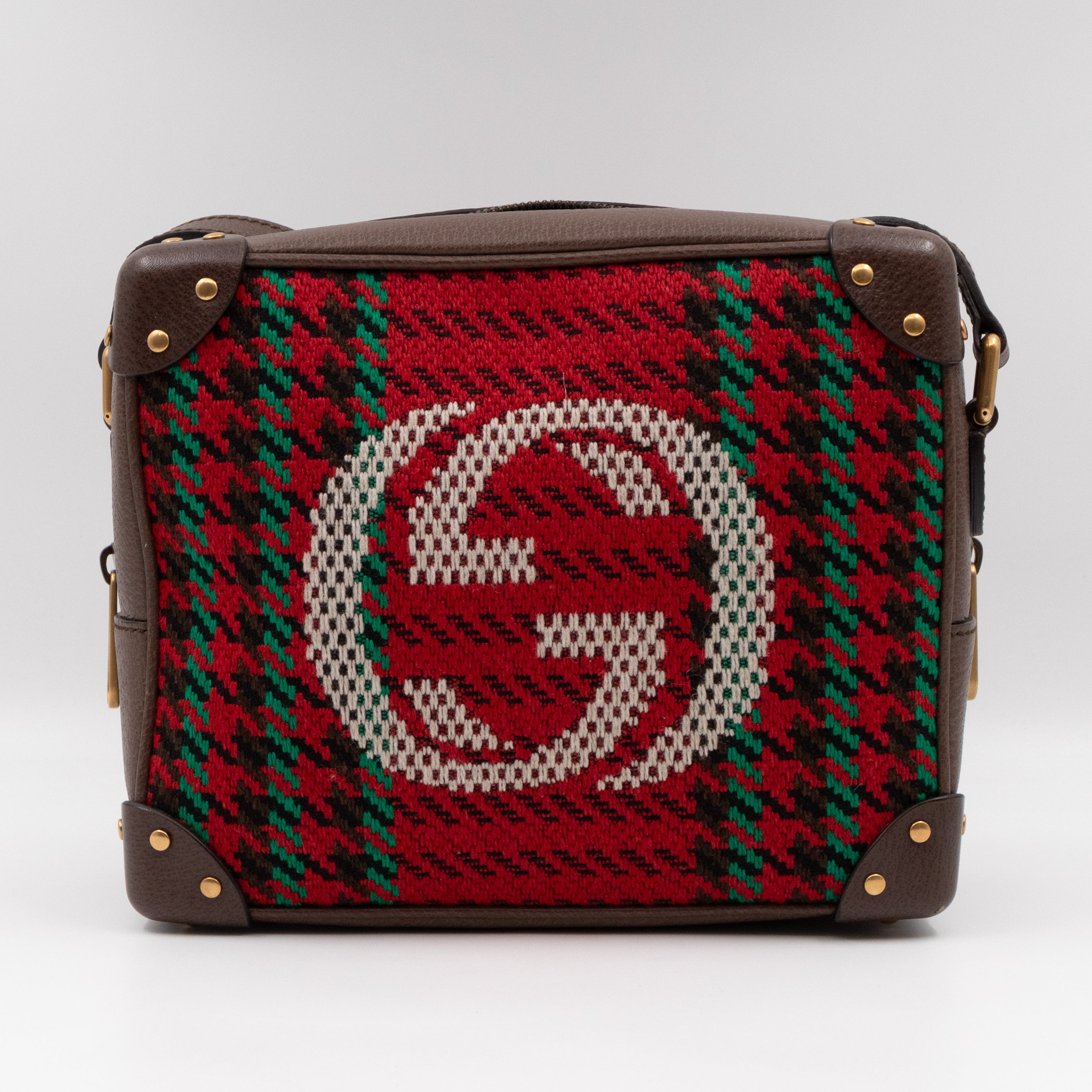 Houndstooth Woven Square Trunk Bag Brown Leather