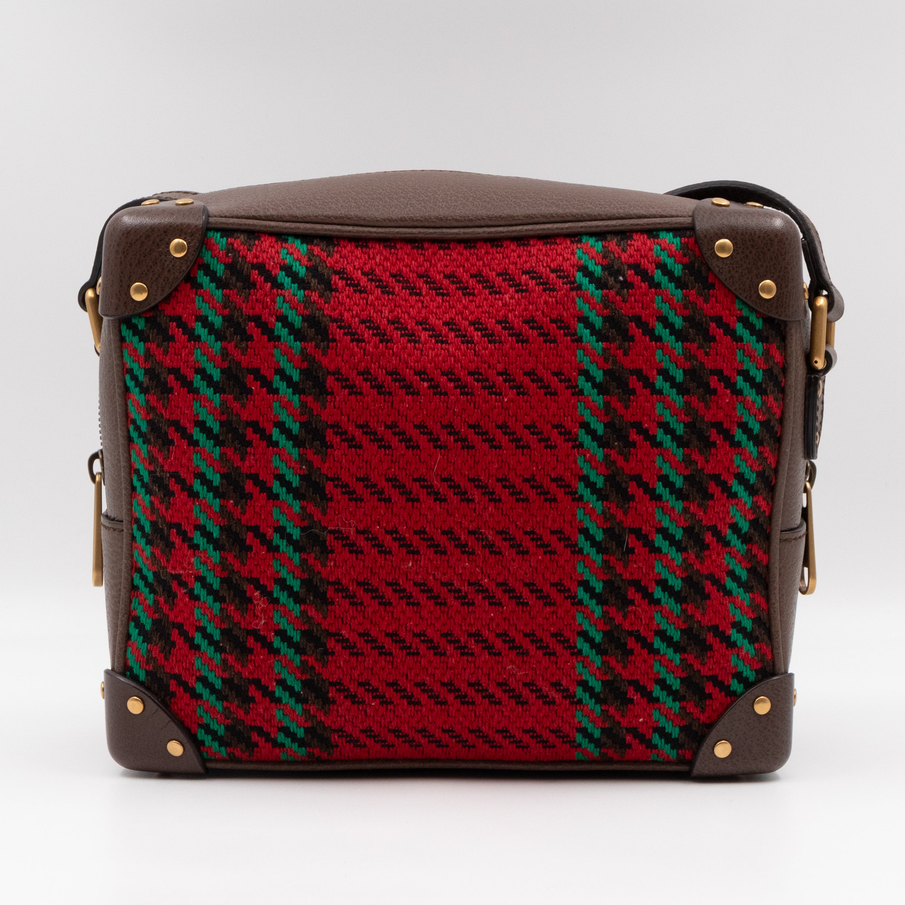 Houndstooth Woven Square Trunk Bag Brown Leather