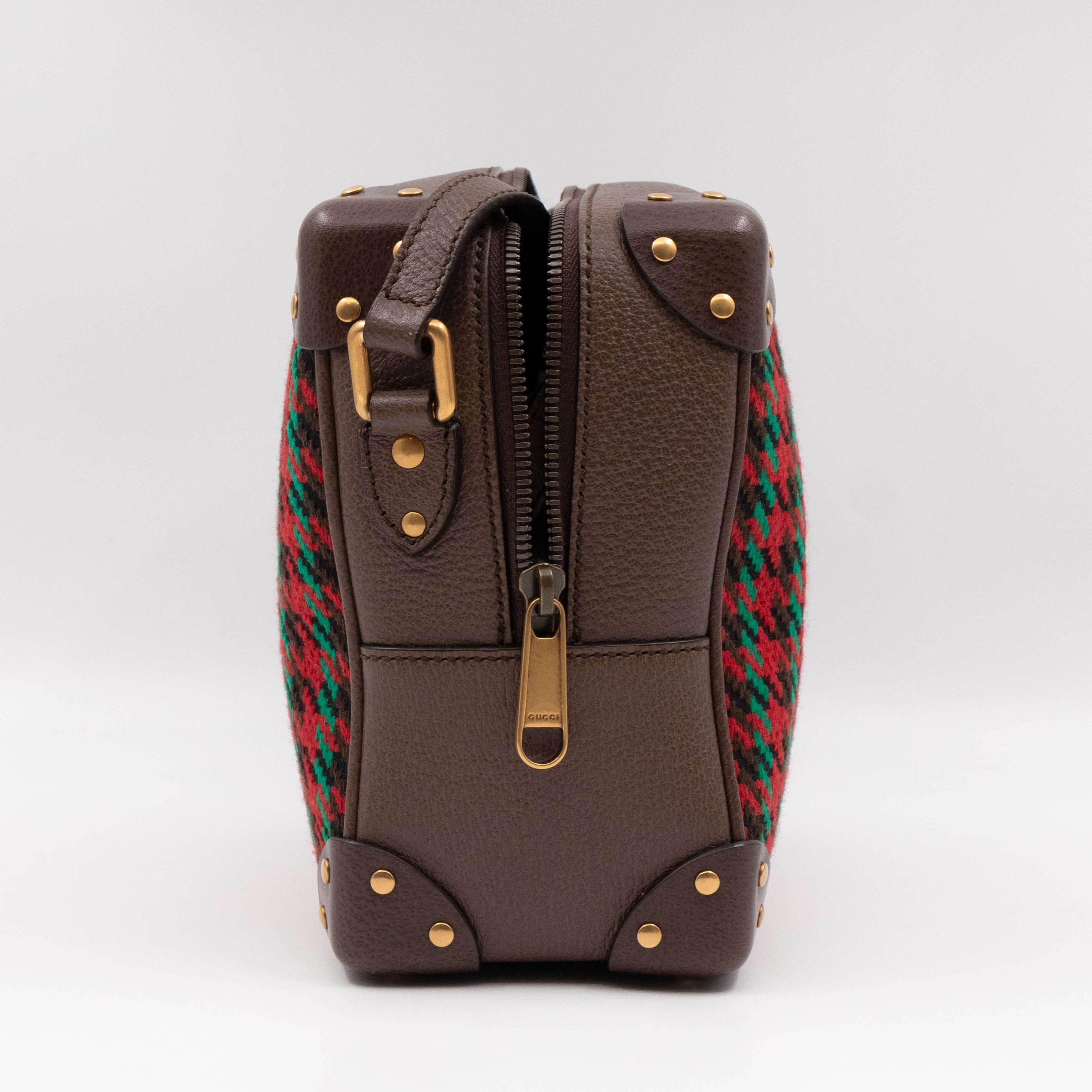 Houndstooth Woven Square Trunk Bag Brown Leather